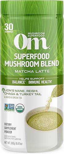 Om Mushroom Superfood Matcha Latte Blend - Polvo de hongos en polvo, recipiente de 8.47 onzas, 30 porciones, té verde, melena de león, Reishi, disponible en Yaxa Colombia