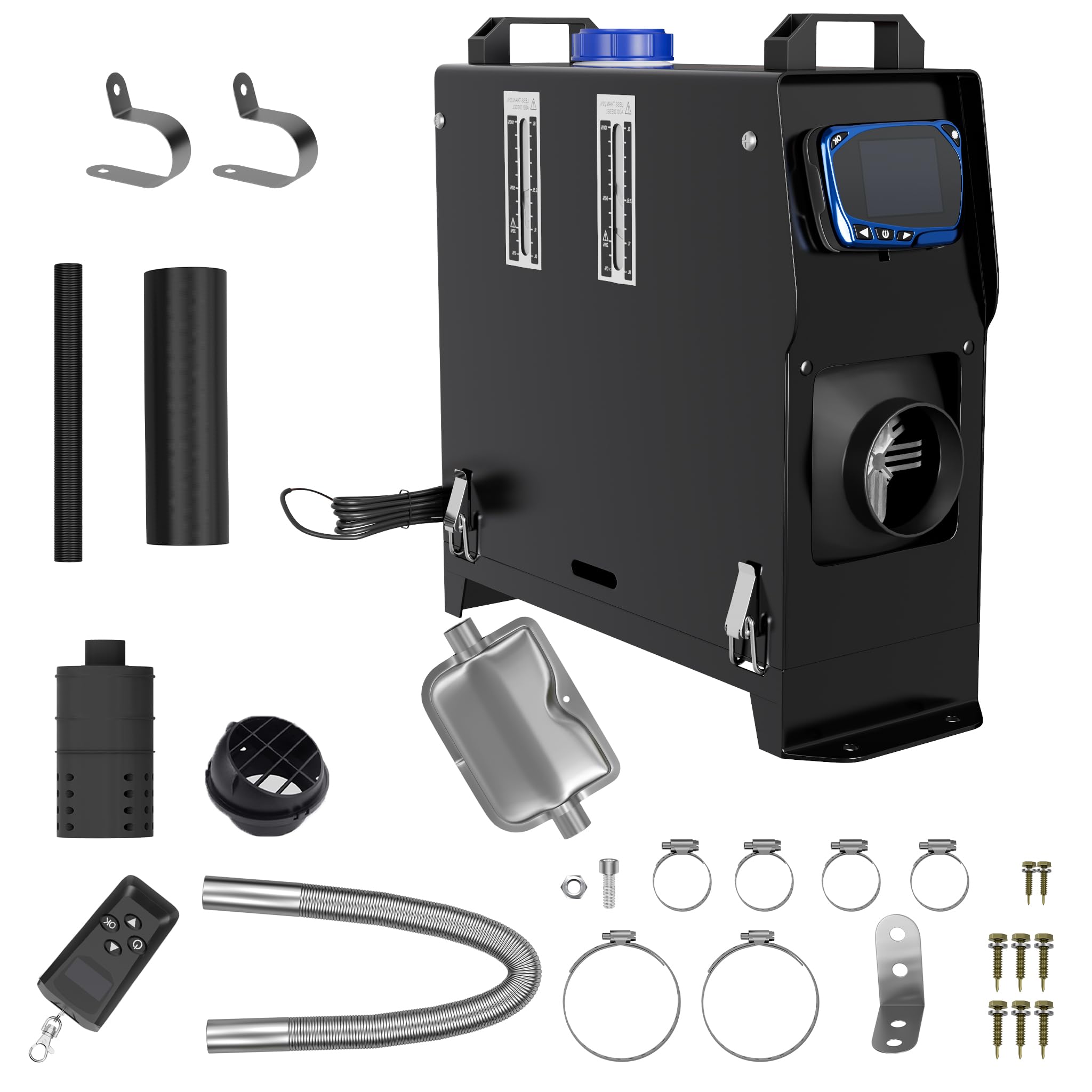 YRHome Ogrzewacz powietrza na olej napędowy, 8 kW, 12 V, z wyświetlaczem LCD, pilotem zdalnego sterowania i tłumikiem – ogrzewanie do samochodu, ciężarówki, kampera, łodzi, przyczepy, czarny