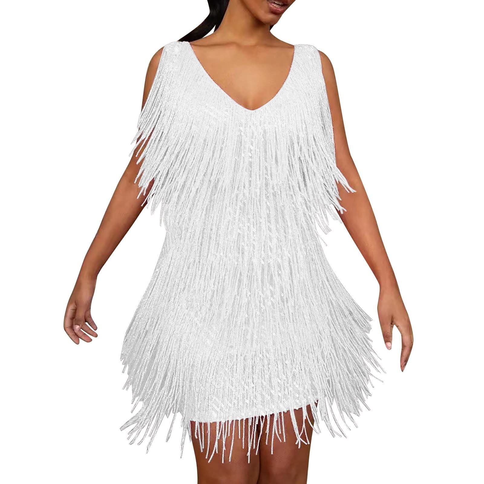 Vestido corto de baile con flecos y lentejuelas para mujer, sin mangas, cuello en V, para graduación, carnaval, club, fiesta, baile latino, vestido corto