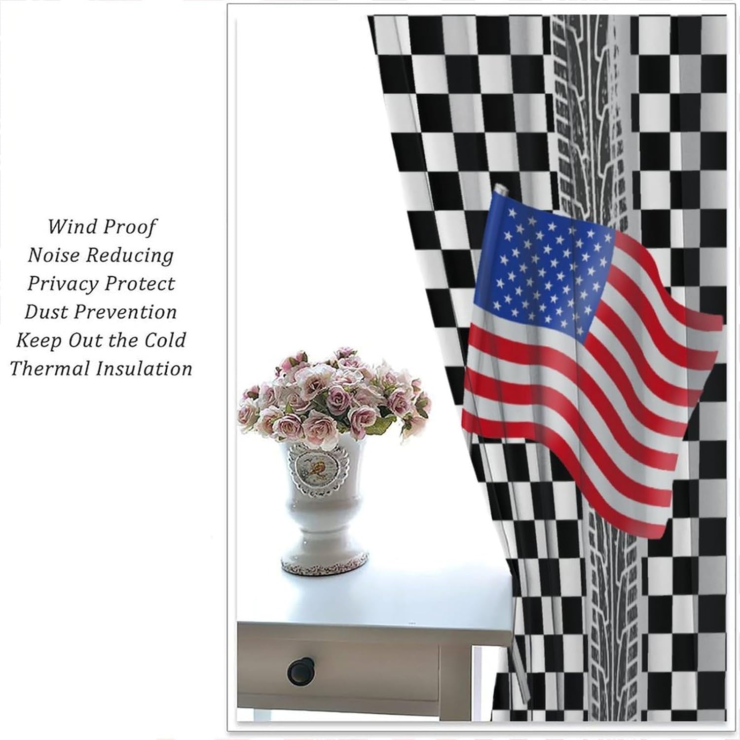 Kids American Flag Curtains,Vintage Classic Black White Checkered Sports Racing Car USA Flag Blackout Window Treatments,for Boys Girls Living Room Bedroom Kitchen Cafe Farmhouse 42" W X 45" L