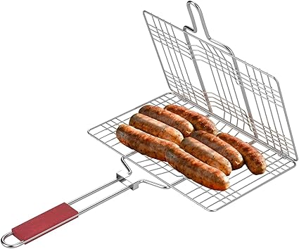 HIKIZIKI Portable BBQ Grill Basket Stainless Steel Fish Grill Basket with Removable Handle, Grill Accessories for Outdoor Grill Vegetables Fishes Shrimp (44X32X5 CM)