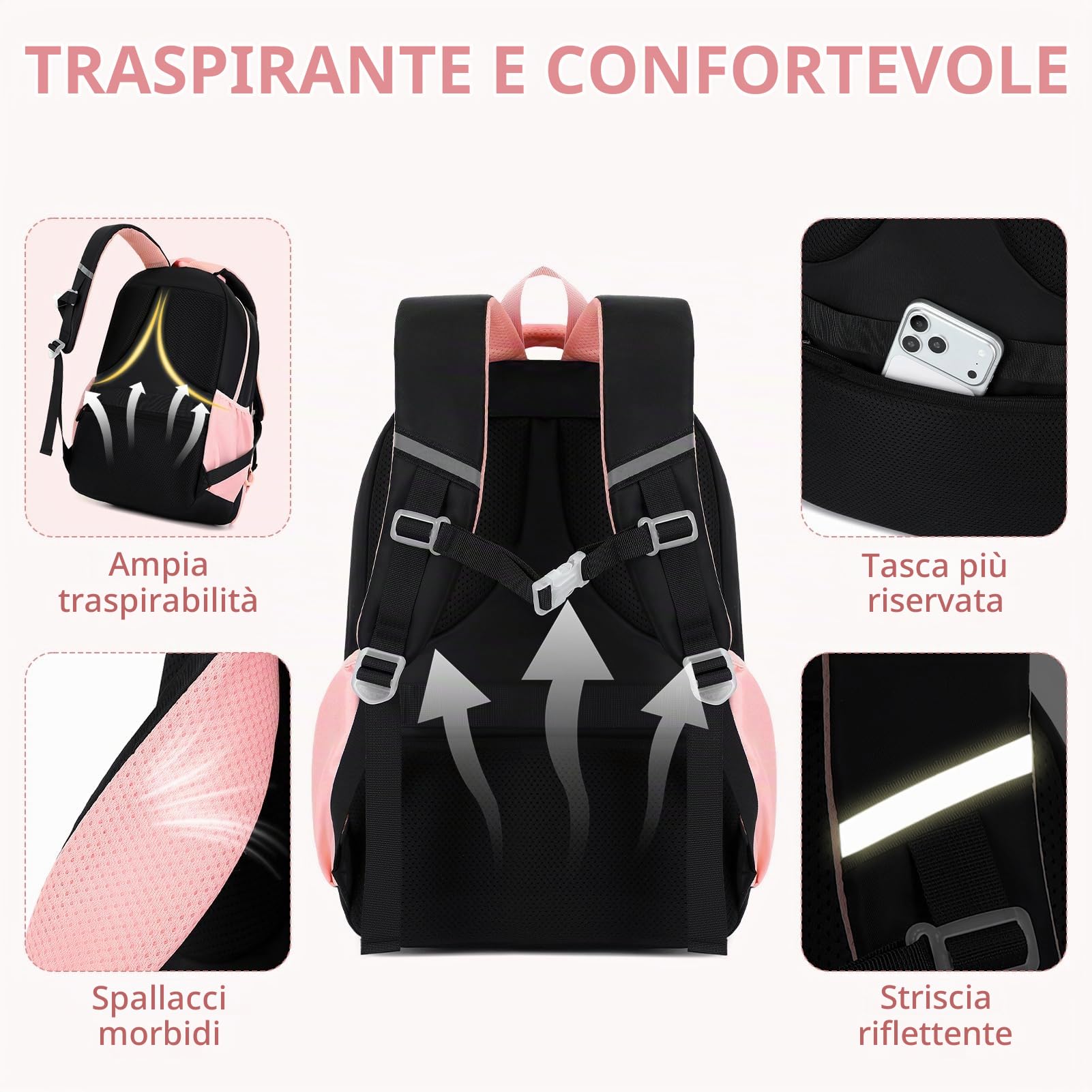 Zaino Scuola Elementare Bambina Leggero 2 Pezzi con Astuccio, NeroRosa