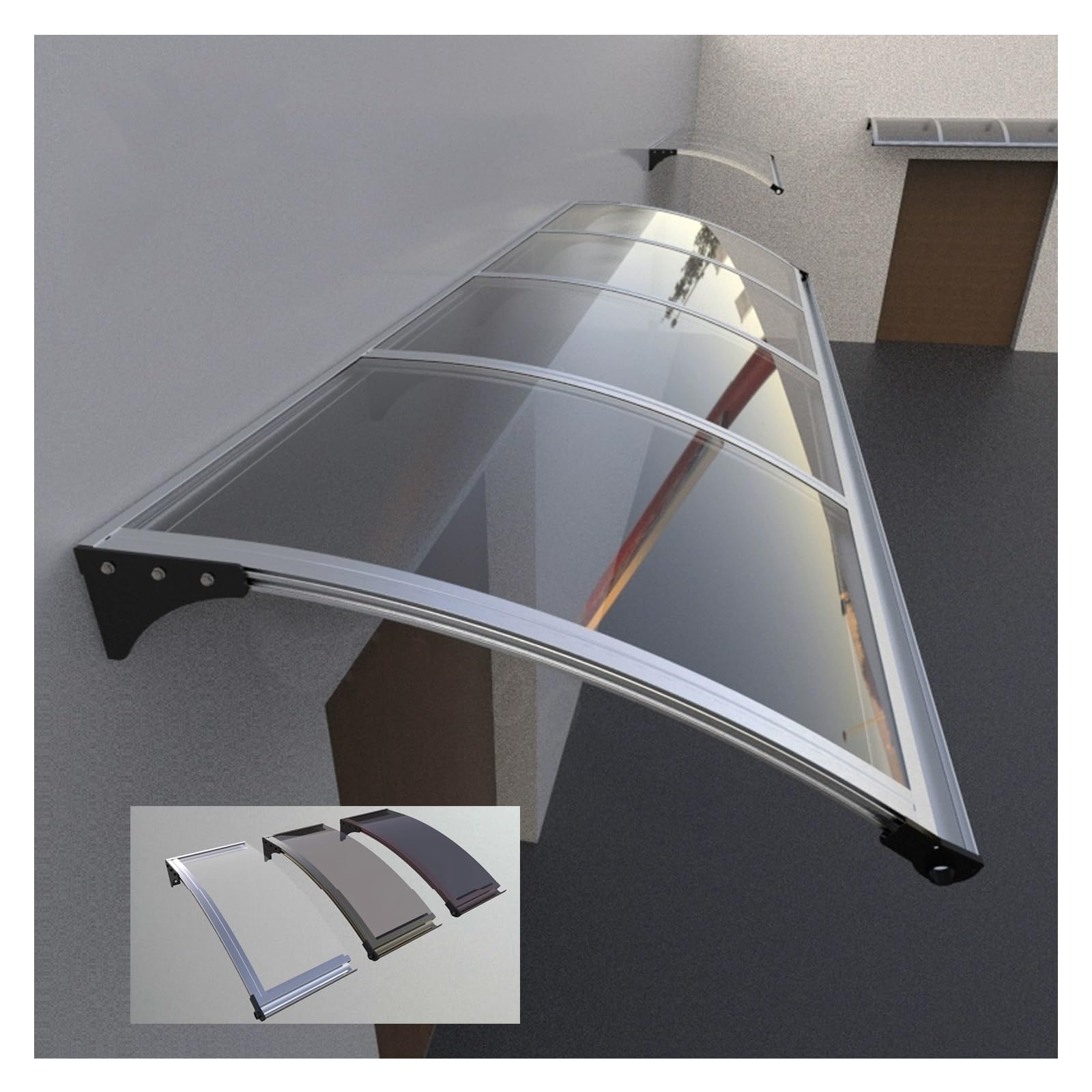 Auvent extérieur transparent pour porte vitrée avec cadre aluminium résistant aux intempéries