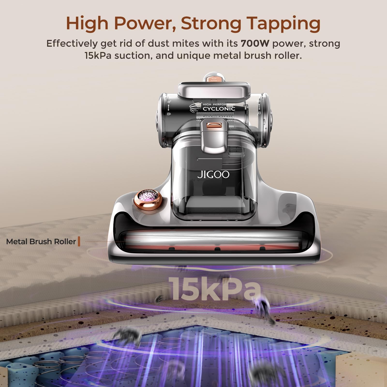 JIGOO T600 Aspiratore acaro per materassi, 700 W aspirapolvere acari con luce UV, 15 kpa attrazione acari aspirapolvere antiacaro rimuove il 99,9%, indicatore LED, 72 dB a basso rumore