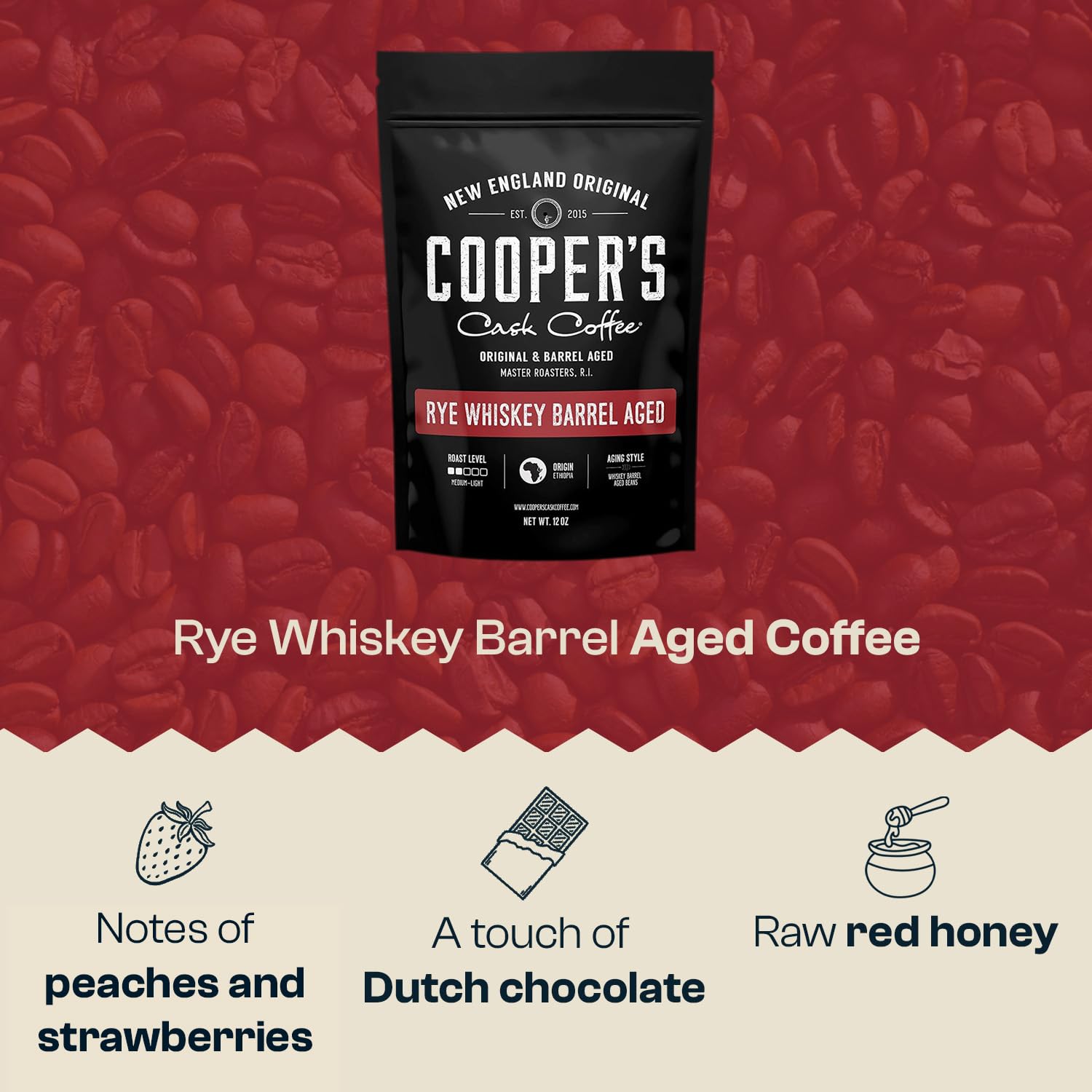 Rye Whiskey Barrel Aged Coffee, Single-Origin Ethiopian Beans Aged in Rye Whiskey Barrels, Medium Light Roast Whole Bean, 12 oz