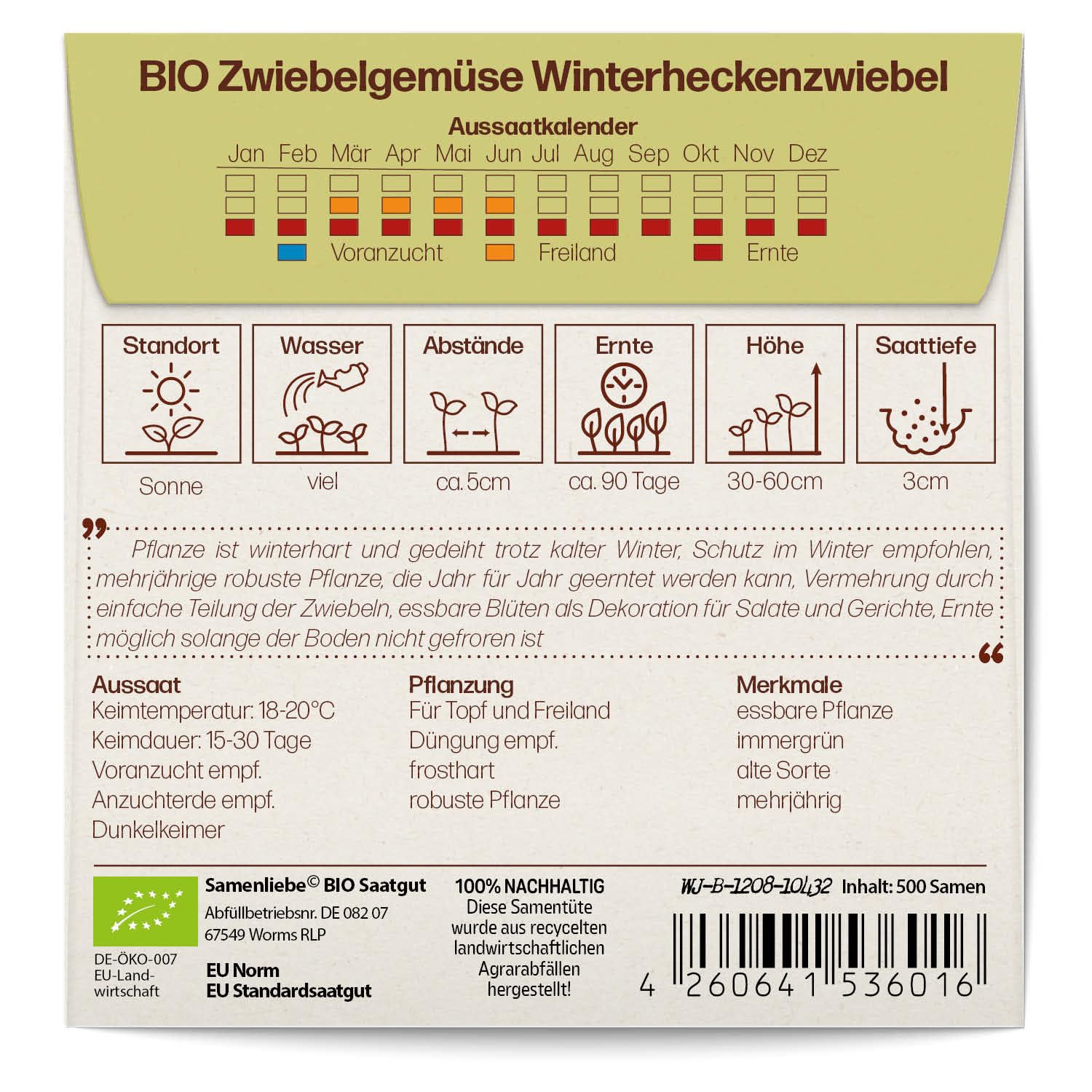 BIO Lauchzwiebelsamen Winterheckenzwiebel – 500 Samen, Samenfest, Mehrjährig