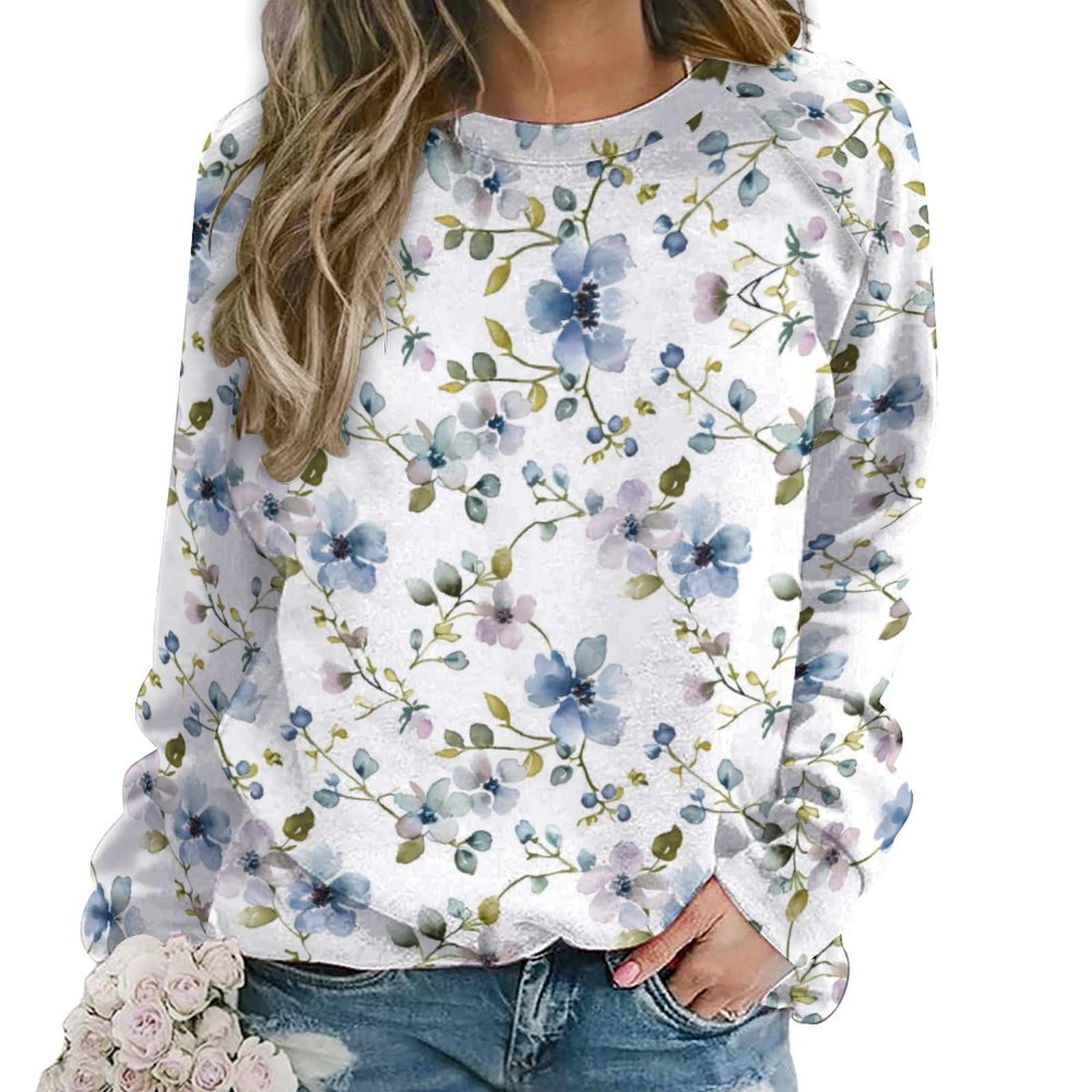 HOTYD Floral Printed Sweatshirt for Women Boho Crew Neck Long Sleeve Sweatshirts Oversized Casual Loose Graphic Pullover Tops Dark Blue Floral Medium