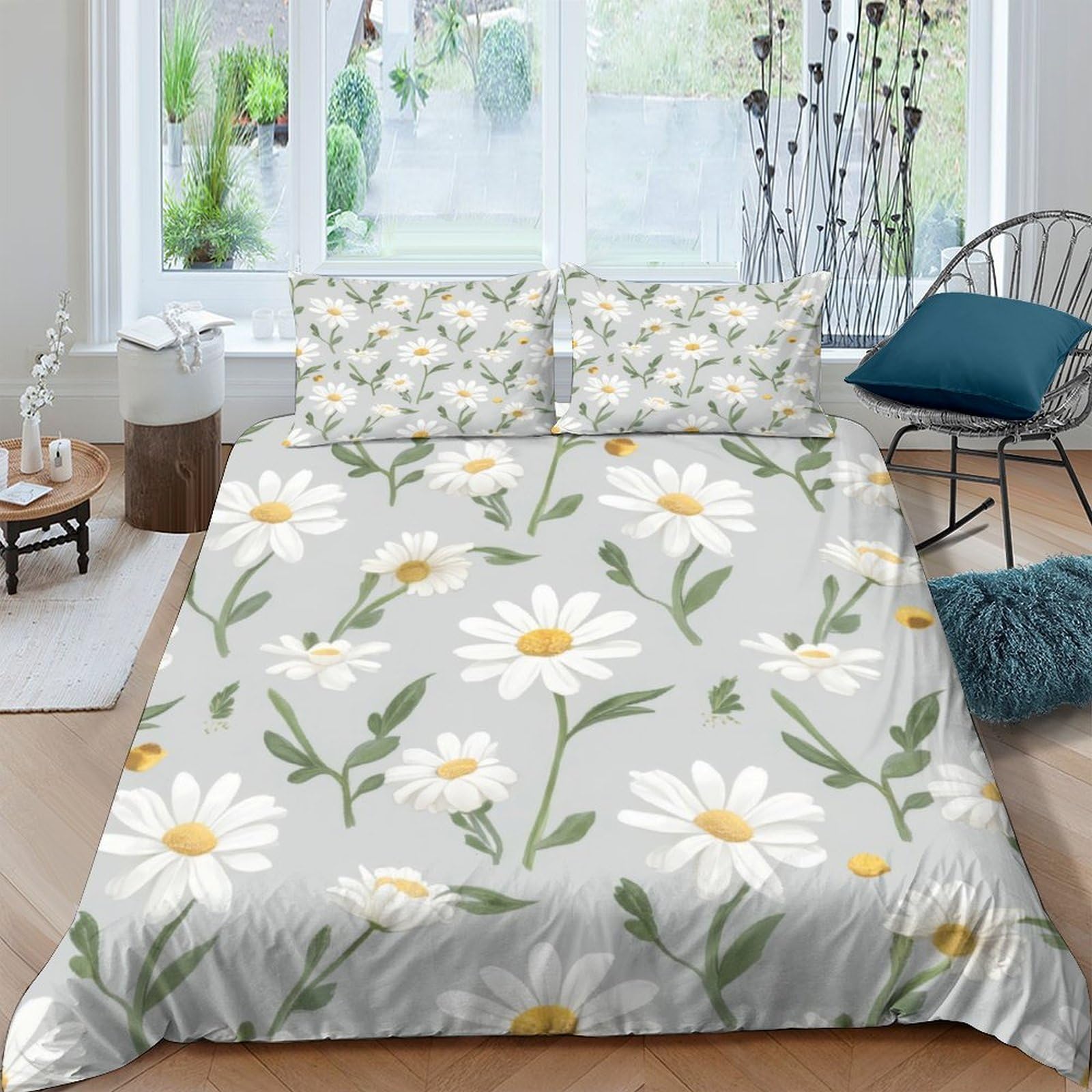GPLZQXKJNH 3D Printed Daisy Floral Duvet Cover Microfiber Soft Breathable Sunflower Bedding Set with 2 Pillowcases for Bedroom Decor Single（135x200cm）