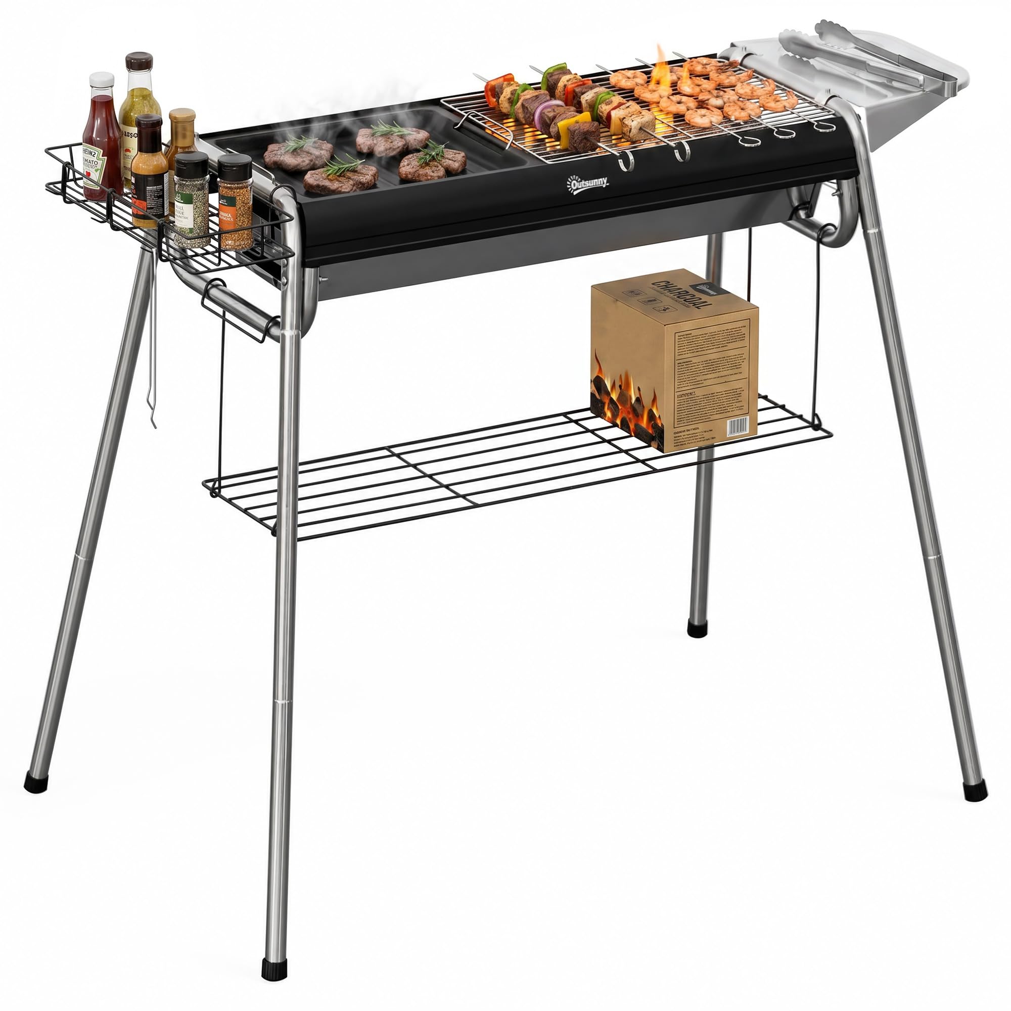 Outsunny Large Black Charcoal Barbecue Grill with Griddle Plate - Portable for Garden, Camping, Tailgating