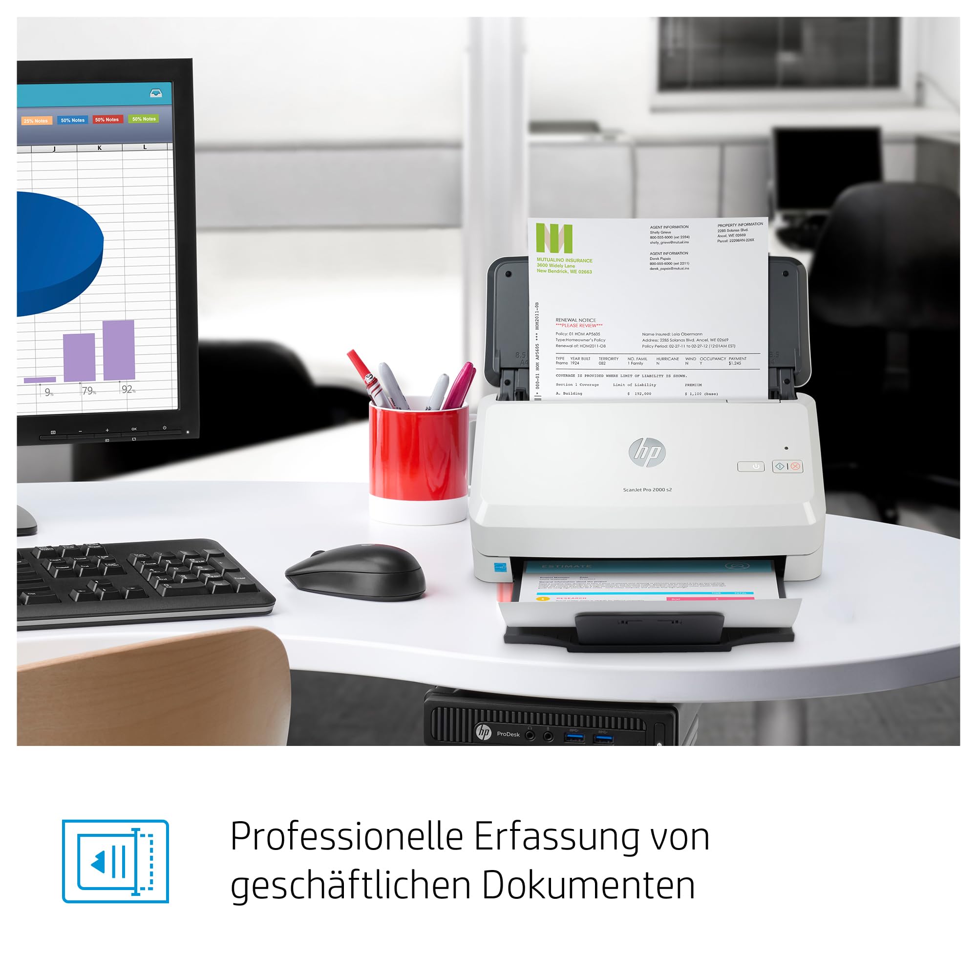 HP ScanJet Pro 2000 s2, Scanner, Einzelblattzufuhr, 50-Blatt ADF, USB 3.0, bis zu 3.500 Seiten täglich, Kurzbefehle