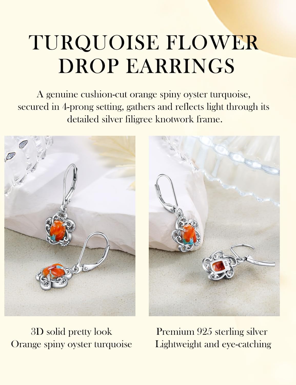 AIBAO Turquoise/Malachite/Coral Dangle Earrings for Women Sterling Silver Flower/Round/Pear Shaped Gemstone Drop Earrings Christmas Valentines Birthday Jewelry Gift with Box