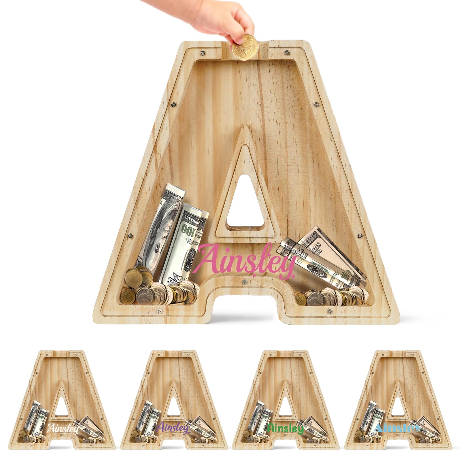 Bemaystar Personalised Letter-Money-Box for Kids，Wooden Initial Letters Piggy-Bank，Money Box for Boys Girls, Personalised Gifts for Kids(A)