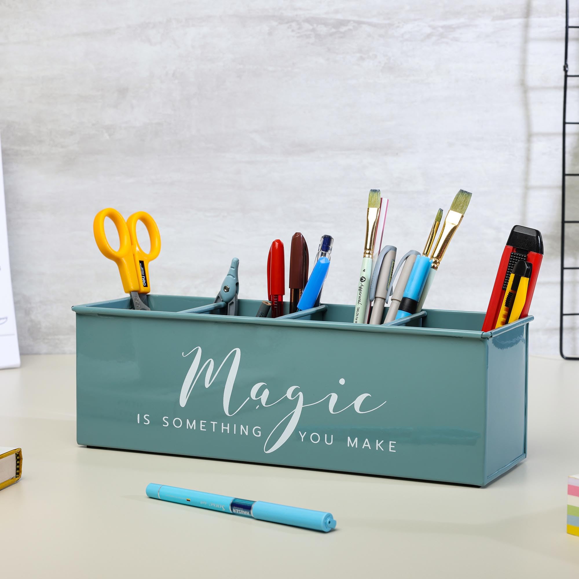 anantam homes Organizer na biurko z 4 przegródkami na stół biurowy, stylowy metalowy organizer na biurko, stacjonarne przechowywanie, piórnik do biura, domu i stołu do nauki (magiczny) zielony