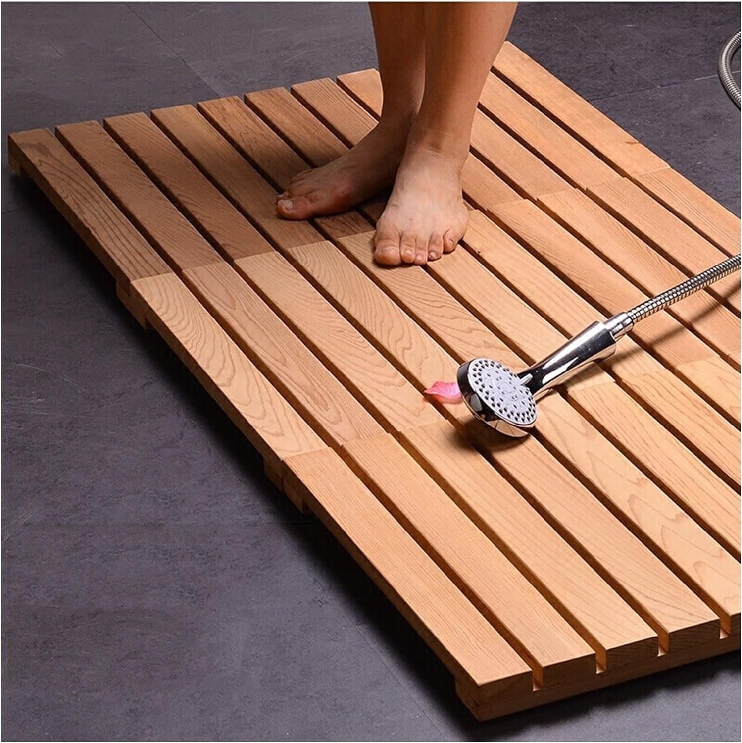 Hpthly Wood Colour Wood Shower Bath Mat Non-Slip Foot Pad Kitchen Doorway Bathroom Drain Board Custom Size,-90X90cm