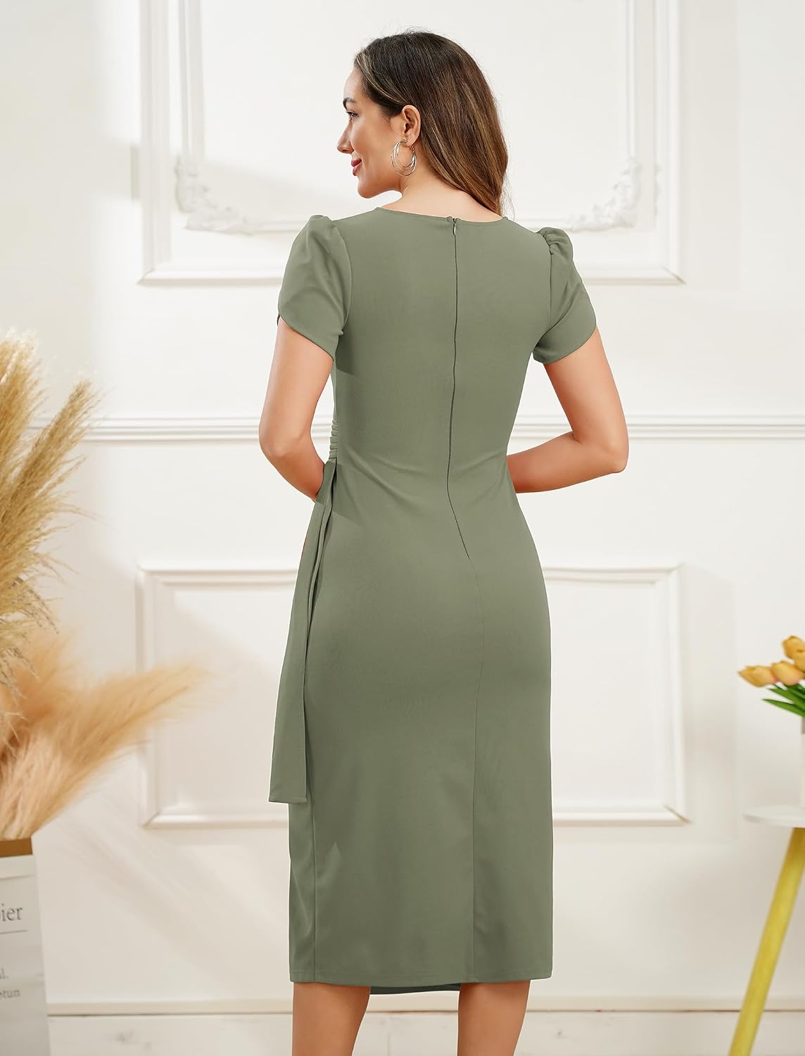 ODIZLI Women's Casual Semi Formal Summer Petal Sleeve V Neck Ruched Bodycon Midi Dress Party Dress