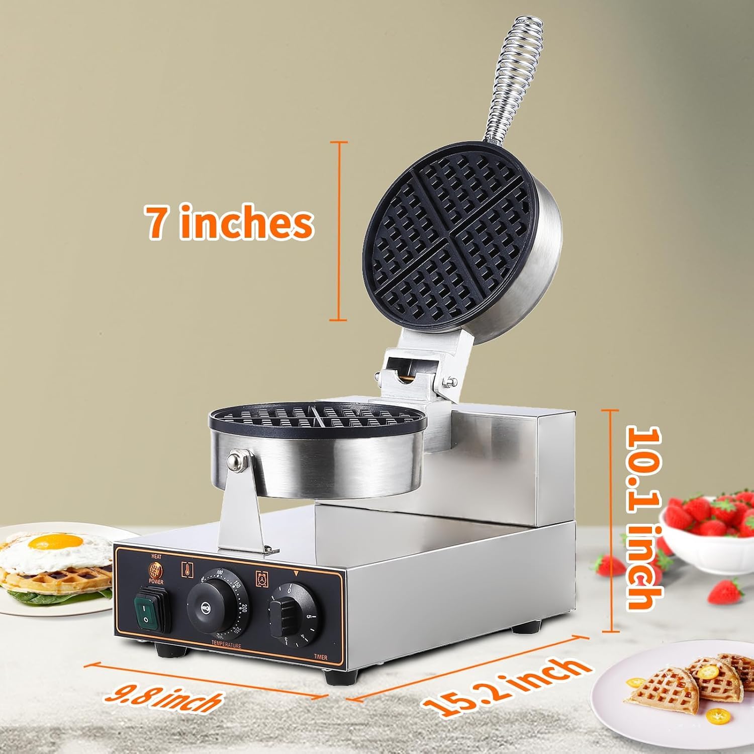 Electric Non-Stick Waffle Making Machine, Stainless Steel Electric Ice Cream Cone Maker Machine with 8.3” Baking Tray, Temperature & Time Control for Restaurant, Coffee Shop 1200W 110V