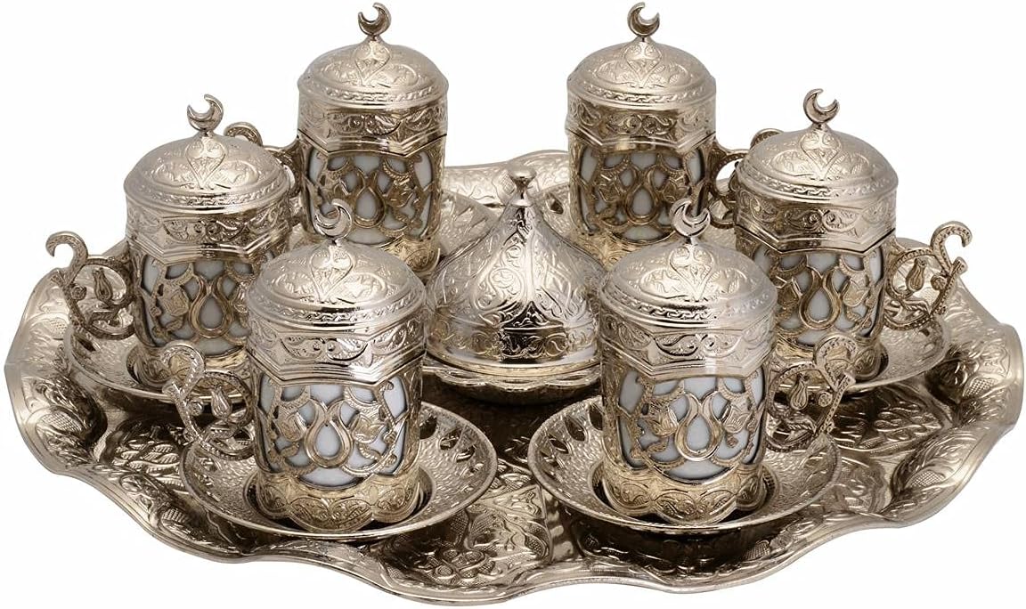 Turkish Greek Arabic Coffee Serving Cup Saucer Set 6 cups porcelain cup, Set will be a nice gift for others (Silver)
