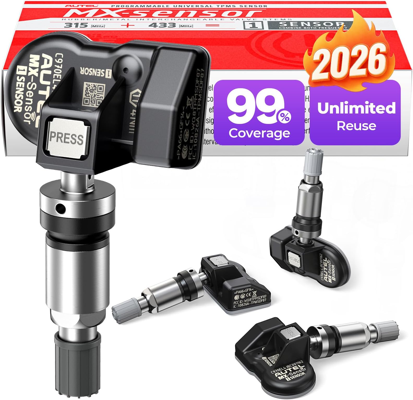 Autel TPMS Sensors Set of 4, MX Sensor, MaxiTPMS Tire Pressure Sensor 2 in 1 (315MHz + 433MHz) Press-in OE Sensor Programmable by TS408S TS501Pro TS508WF TS608 ITS600 MP900TS MS906PRO-TS (Metal Valve)