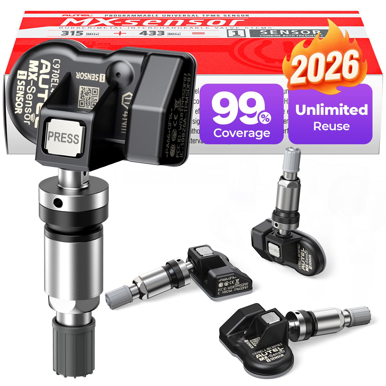 Autel TPMS Sensors Set of 4, MX Sensor, MaxiTPMS Tire Pressure Sensor 2 in 1 (315MHz + 433MHz) Press-in OE Sensor Programmable by TS408S TS501Pro TS508WF TS608 ITS600 MP900TS MS906PRO-TS (Metal Valve)