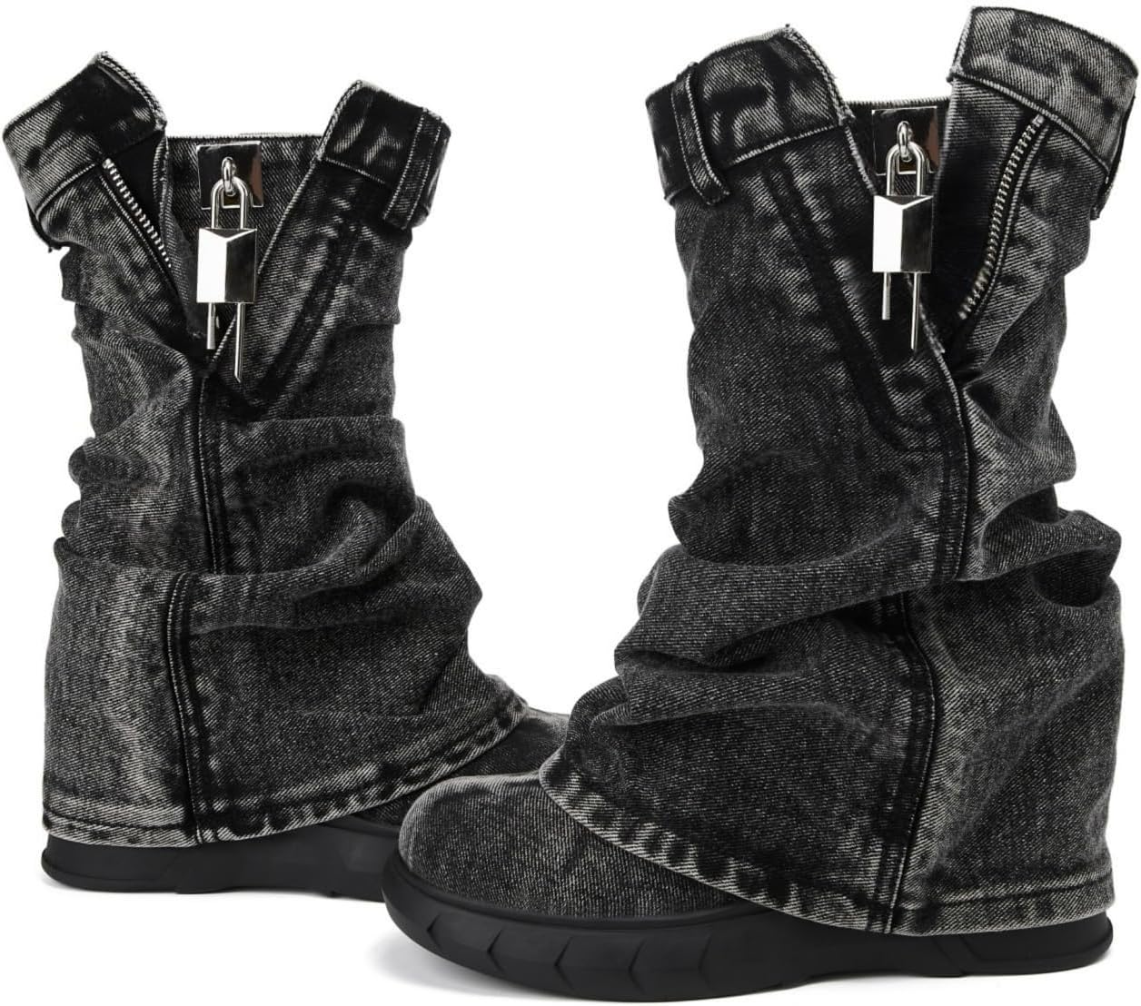 Mid Calf Denim Boots for Women Round Toe Fold Over Jeans Booties with Padlock Thick Bottom Platform Boots Vintage Fashion Western Cowboy Shoes