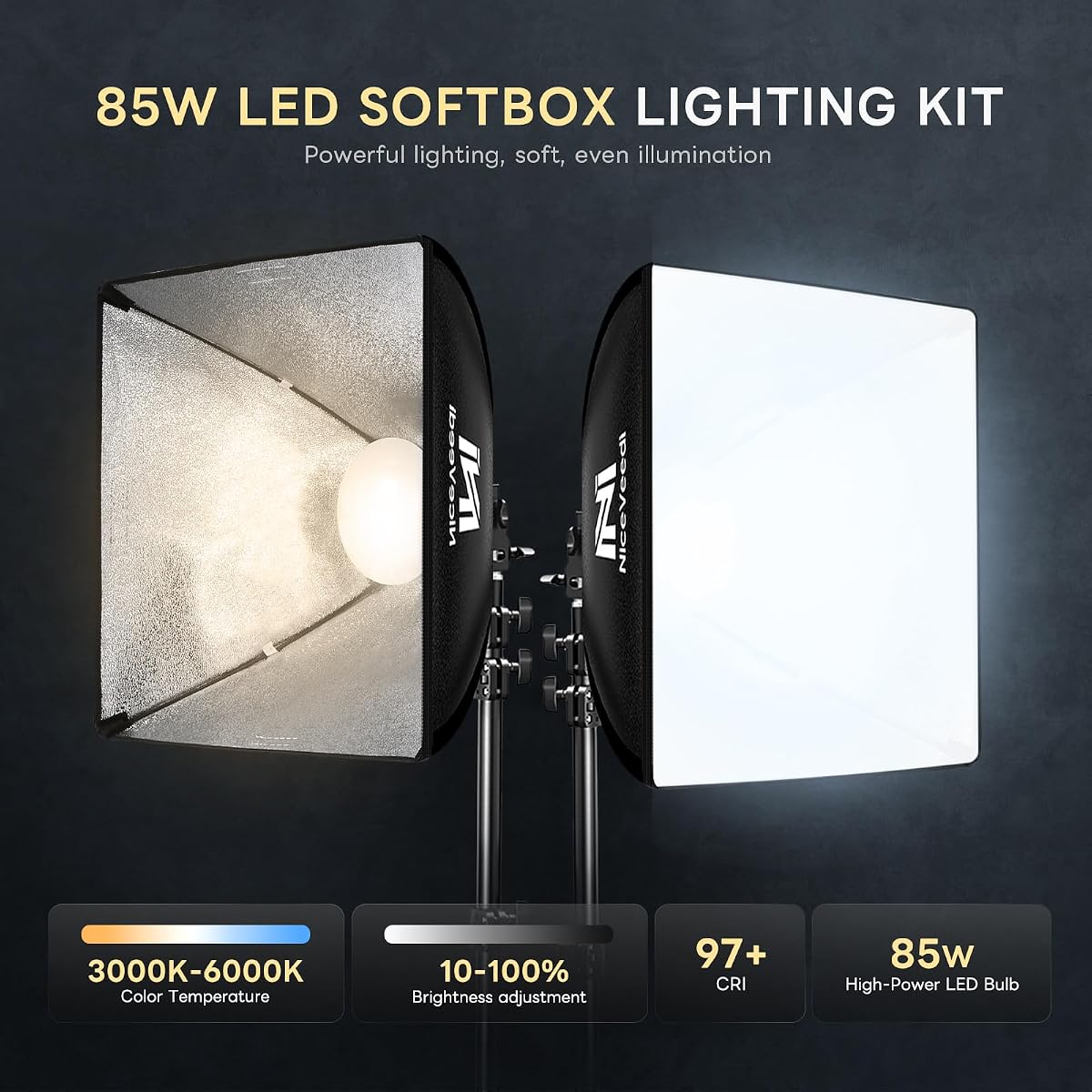 Softbox Lighting Kit, NiceVeedi 2-Pack 16'' x 16'' Softbox Photography Lighting Kit with 63” Tripod Stand & 5400K 450W Equivalent LED Bulb, Continuous Lighting for Photography/Video Record