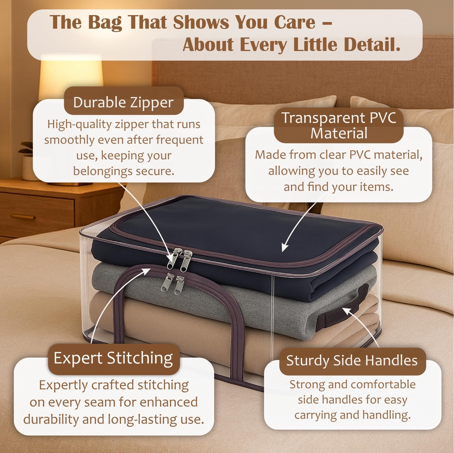 JD FRESH Polyvinyl Chloride 2 Pcs 34L Transparent Storage Bags With Handles/Foldable Storage Box For Clothes/Under Bed Box With Zippers/Wardrobe Organizer/Organiser For Blanket/Bedsheet,30cm,44cm 1