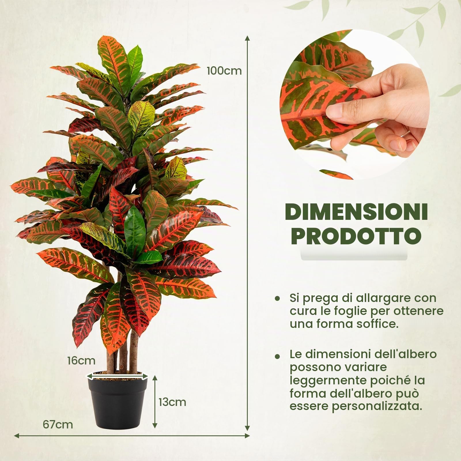 RELAX4LIFE Piante Finte da Interno 100 cm, Albero di Croton Artificiale, Pianta Finta Realistica con Tronco Naturale in Legno, Decorazione Domestica