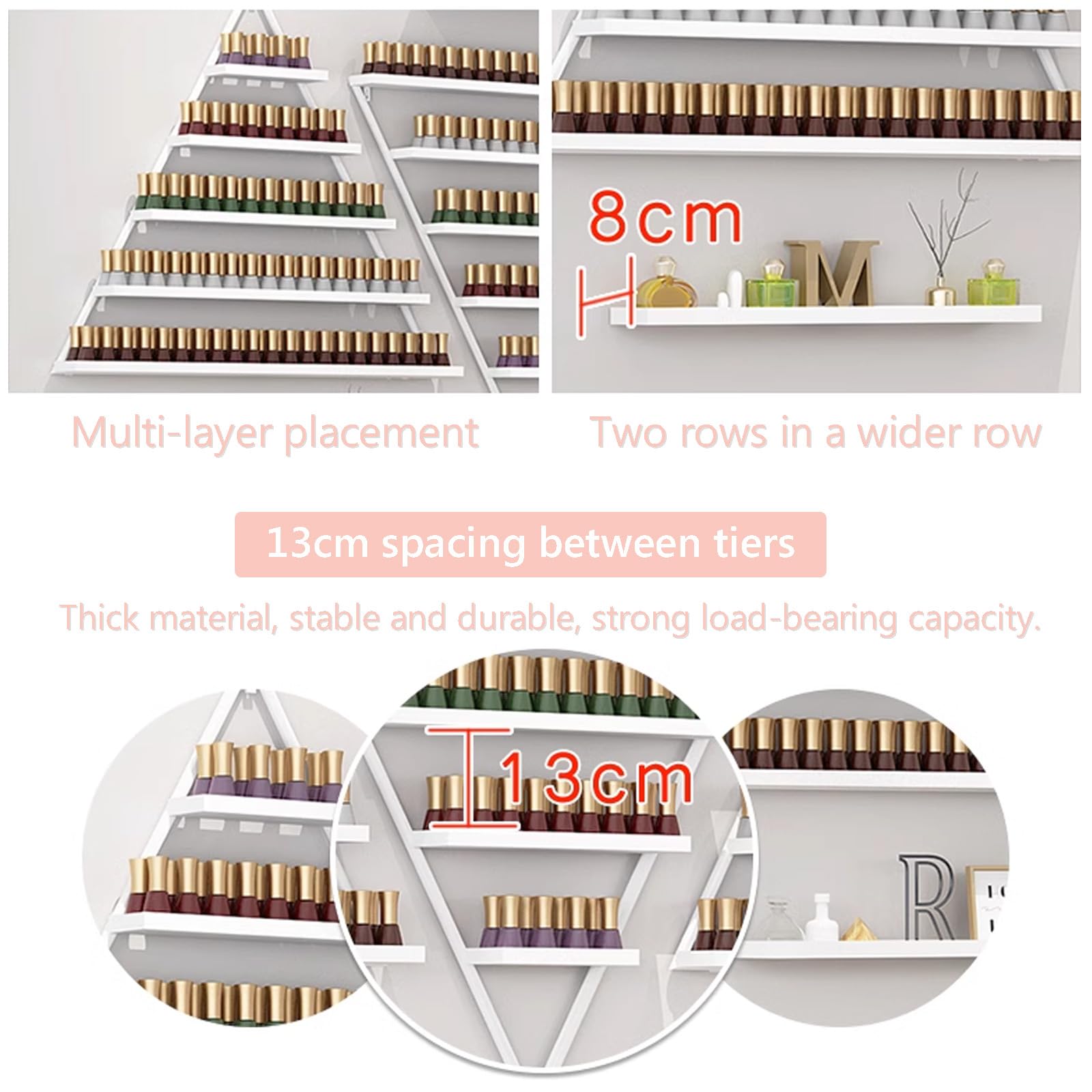 Bianca,6 Piece Set, Scaffale da Parete in Metallo per Smalto per Unghie Scaffale per Vetrine per Oli Essenziali, Staffa Triangolare da 6/10 Pezzi Scaffali per Organizer per Profumi