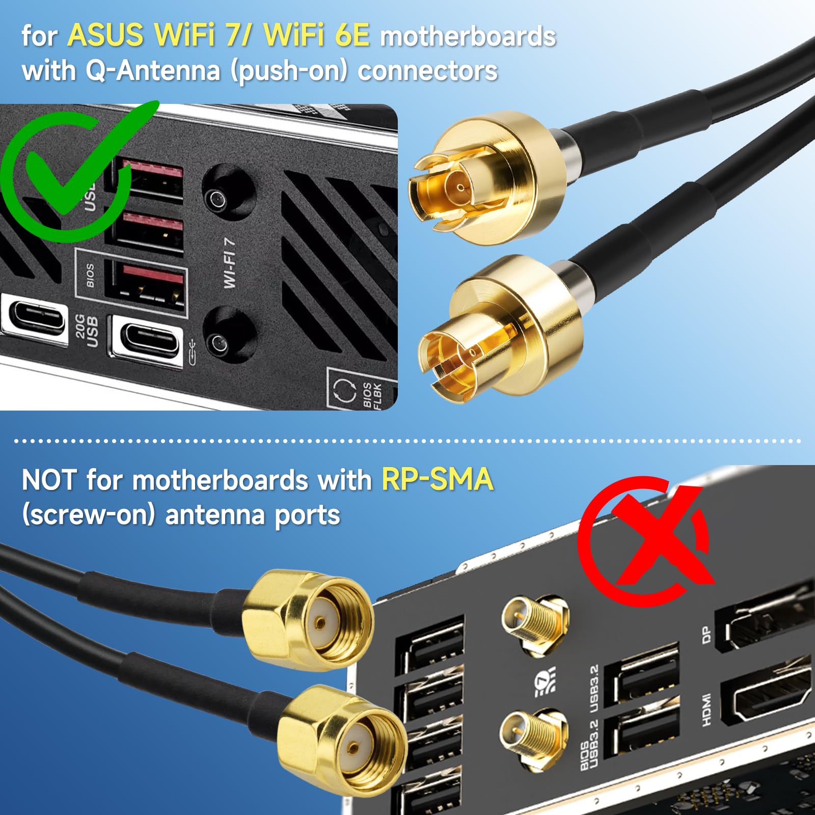 Eightwood Antenne de carte mère de jeu WiFi 7 avec base magnétique compatible avec ASUS ROG Strix X870E-E/B850-I, TUF Gaming B850-PLUS/ X870-PLUS, ProArt X870E-CREATOR, ROG Crosshair X870E Hero