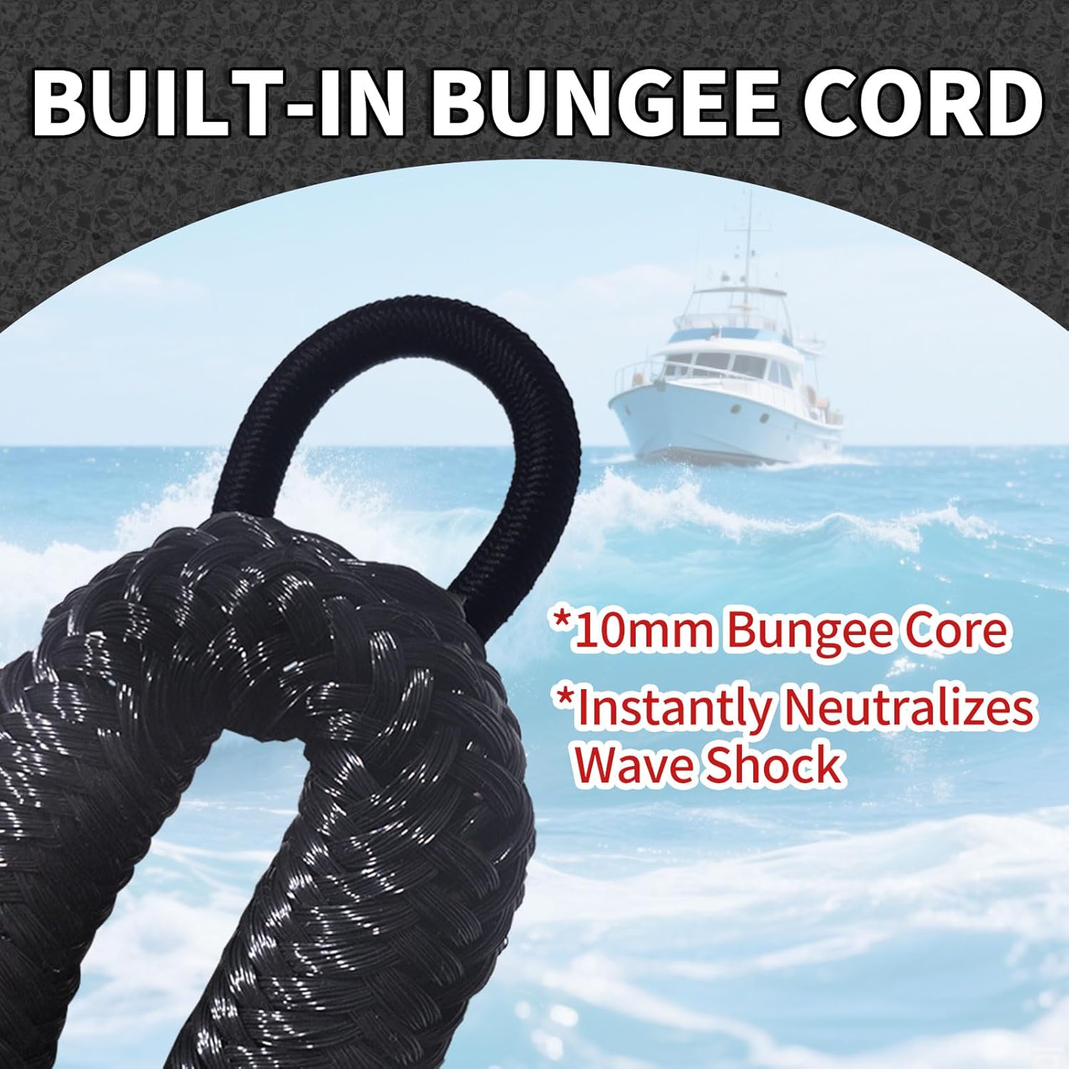6FT Bungee Dock Line for Boats – Extra-Long Elastic Mooring Rope with Loops – Heavy-Duty Tie-Down for Pontoon, Yacht, Jet Ski ((Black)