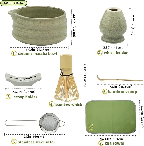 Miniatura 2 de Juego de batidor de matcha, 7 piezas de kit de fabricación de matcha con batidor, cuenco de cerámica, tamiz, cuchara, soporte, soporte y toalla de