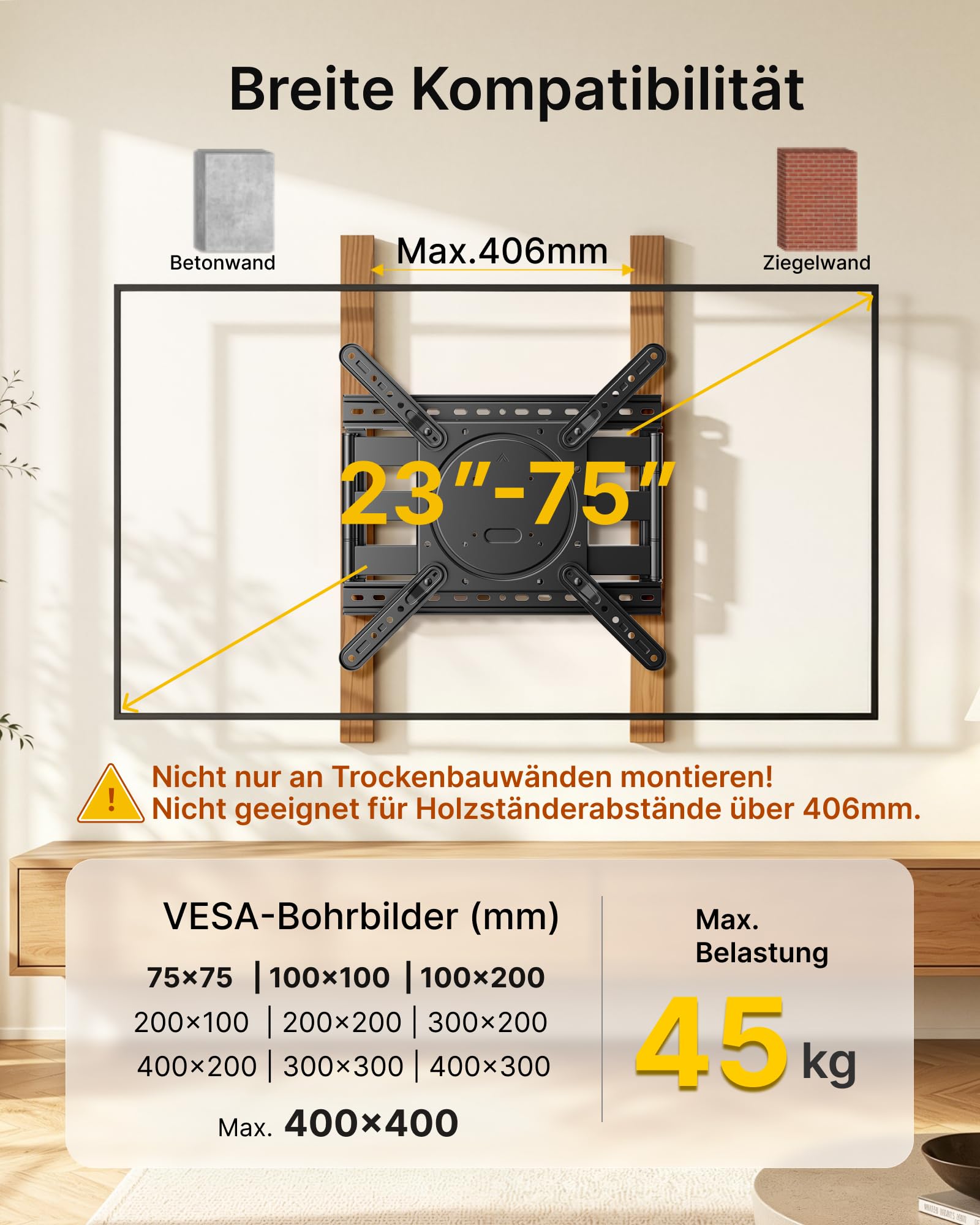 monTEK Ultra Slim TV Wandhalterung 23-75 Zoll bis 45kg, Max VESA 400x400mm | 1.5" Dünne, Ausziehbar, Schwenkbar, Neigbar TV Halterung für Flach & Curved Fernseher, 3-Fache Tragkraft, Einfache Montage