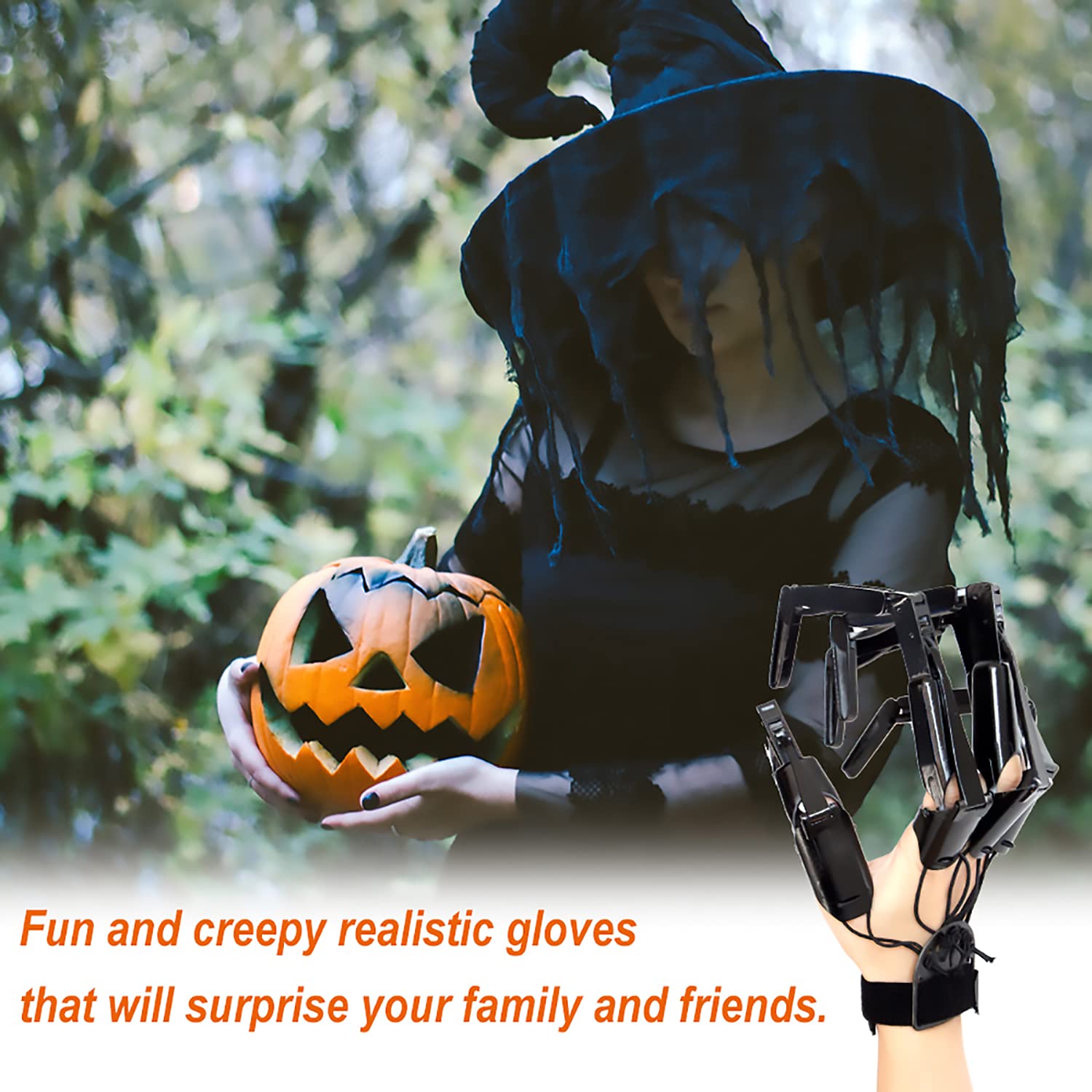 LONGLU Halloween Wearable Articulated Finger Extensions Skull Bone Fingers Prop Claw Gloves, Ein Paar Devil Claws Cosplay Handschuhe Fit for All Finger Flexible Spider Hand Claws (Schwarz)