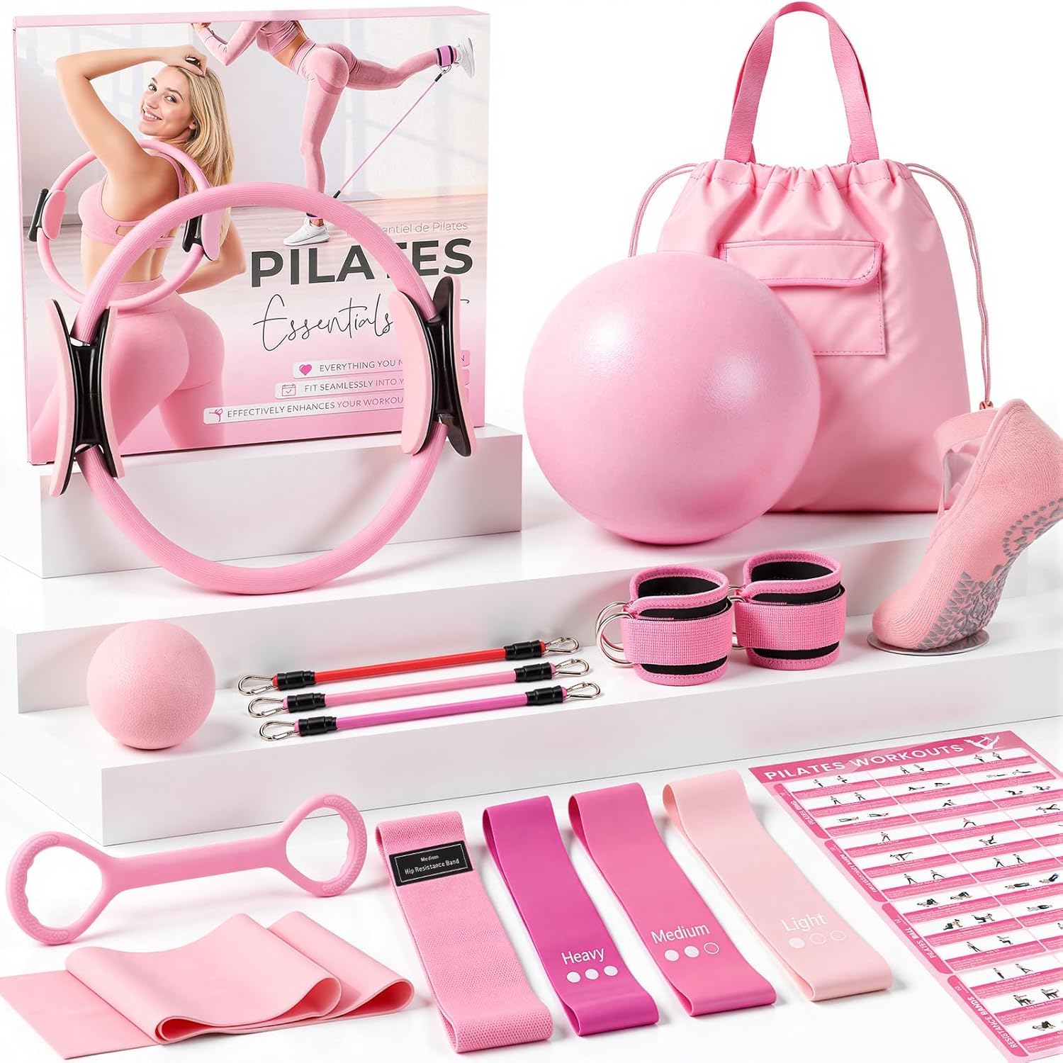 Pilates Set für Damen – Heimtrainings-Set mit Pilates Ring, Fitnessball, Widerstandsbänder mit Knöchelmanschetten, Anti-Rutsch Socken, Massageball – Pilates Zubehör für Yoga & Ganzkörper-Workout