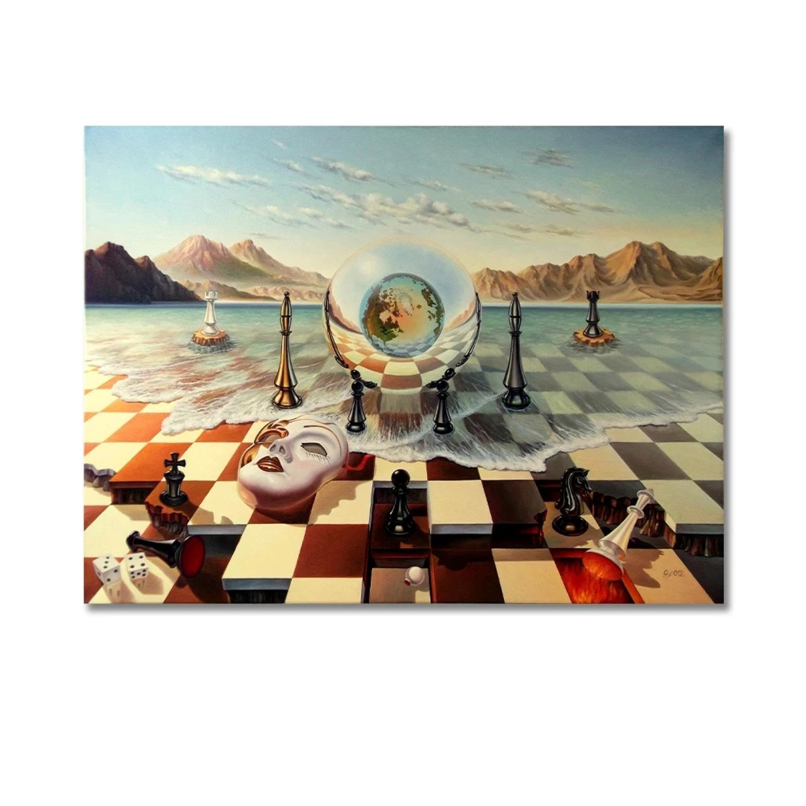 GEMMII Salvador Dali Surrealismo Maschera di scacchi sul mare Dipinto su tela Quadri moderni di arte della parete Poster e stampe astratti Murale XXL 42x60 cm Senza cornice