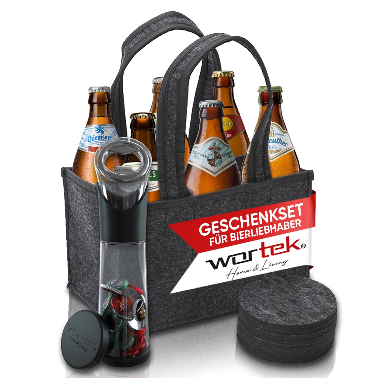 wortek Coffret cadeau pour homme - Sac à main pour homme - Décapsuleur et dessous de verre + 6 bières bavaroises - Cadeau d'anniversaire pour père