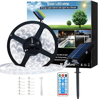 Solar Led Strip Lights Outdoor, 20ft 336LED Solar Rope Lights Self-Adhesive Waterproof, 8 Mode with Remote Timer and Auto On/Off, Perfect for Deck, Patio, Poolside, Camping Decor, Cold White