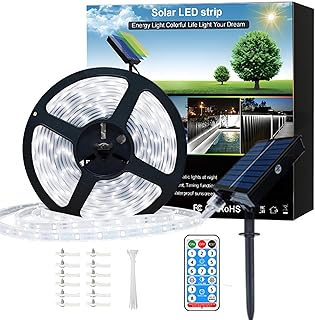 6M Solar LED Strip Lights Outdoor Waterproof with Self Adhesive, 8 Mode with Remote Timer, Perfect for Deck, Patio, Pathways, Camping Decor, Cold White