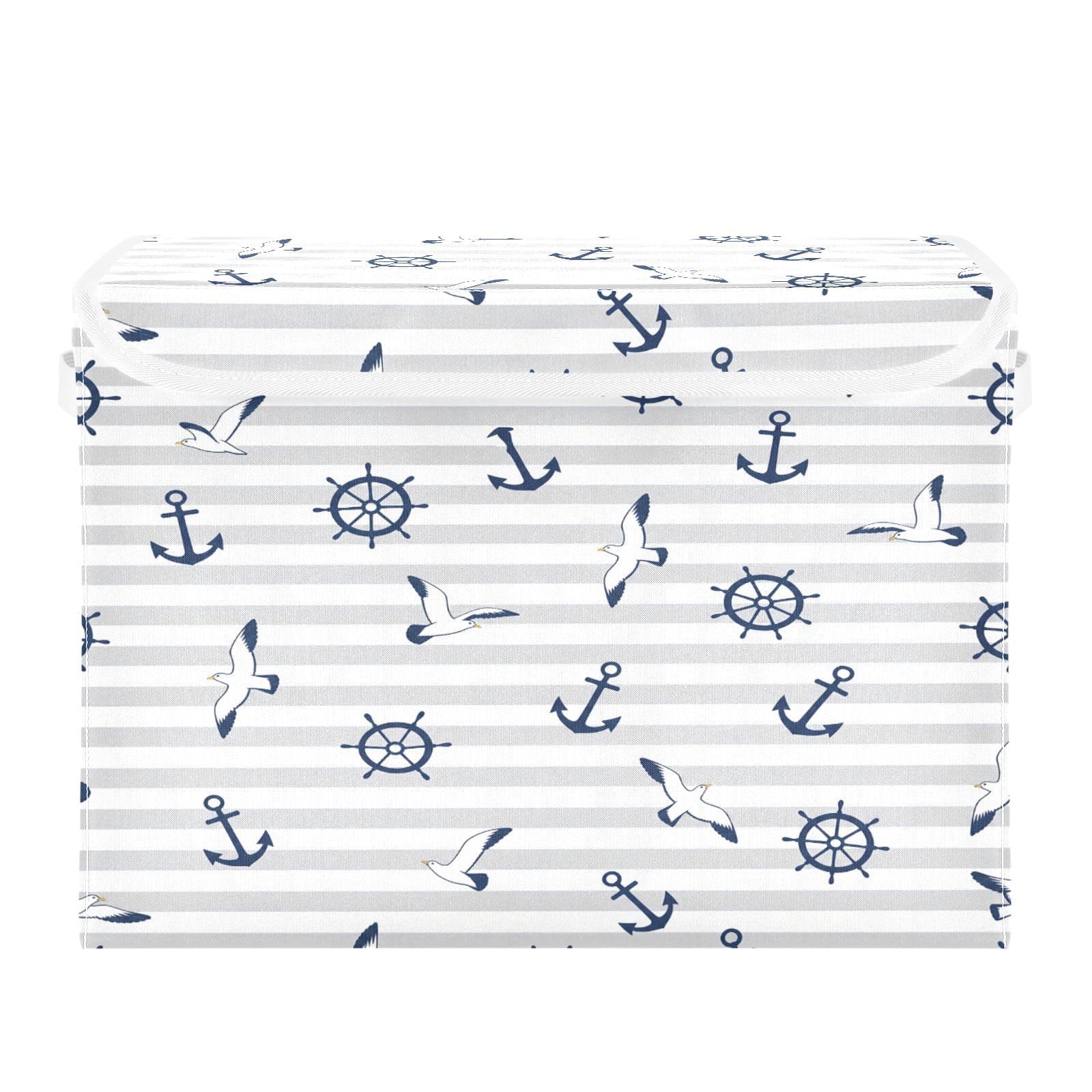 Ewusp Ship Anchors Rudder Fabric Storage Bin with Lid, Decorative Foldable Storage Basket with Handles, Stackable Closet Shelf Organiser Box for Clothes, Books, Bedroom, Living Room