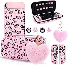 DLseego Pink Love Leopard Carrying Case for Switch OLED, Cute Silicone Protective Soft Cover with 4PCS Thumb Grip Caps and Pink Plush Heart Pendant Hard Storage Case Accessories Kit Bundle for Girls