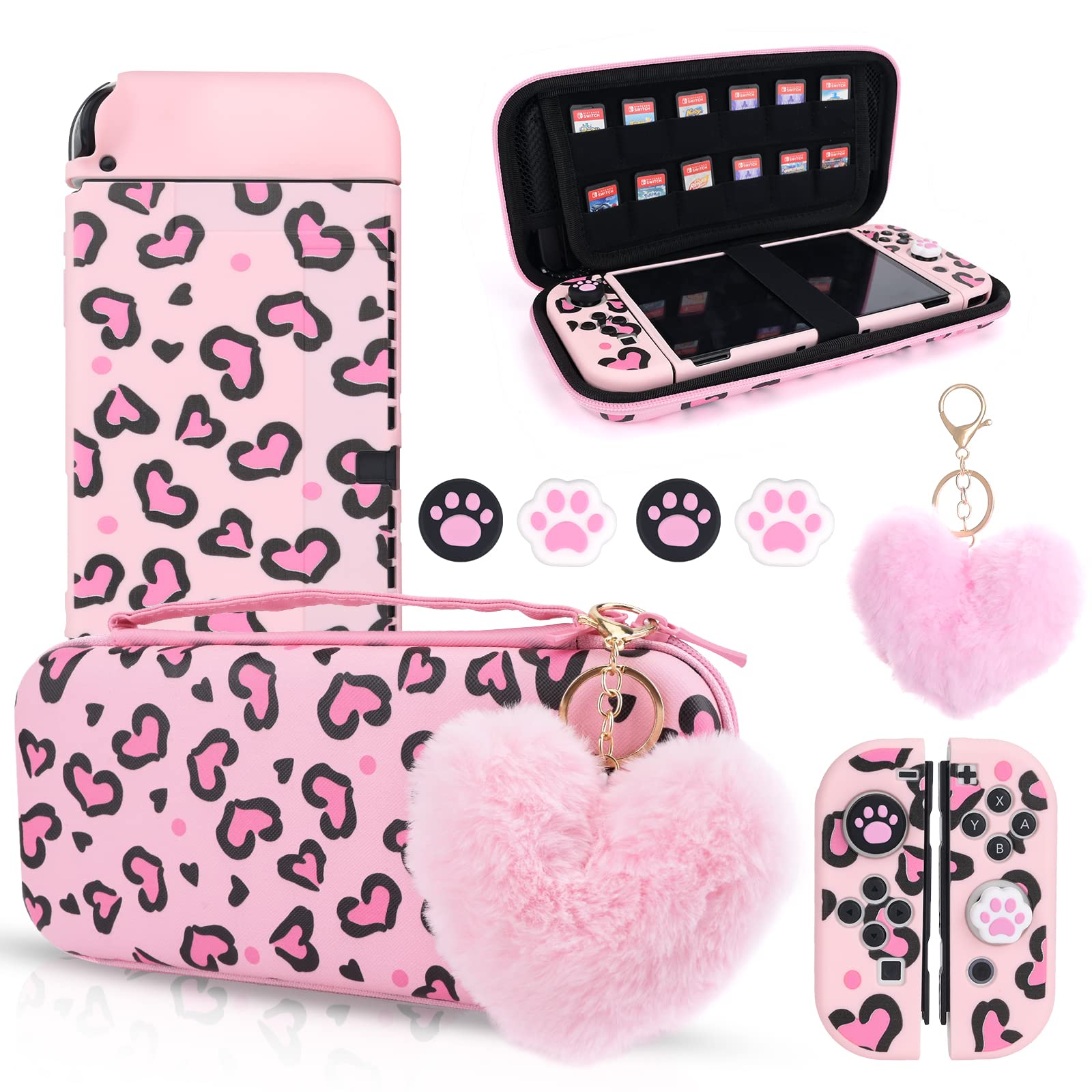DLseego Carrying Case Compatible with Switch OLED,Leopard Print Set Hard Portable Case Shell Pouch with Silicone Protective Cover,Thumb grip caps and Plush Heart Charm,Pink