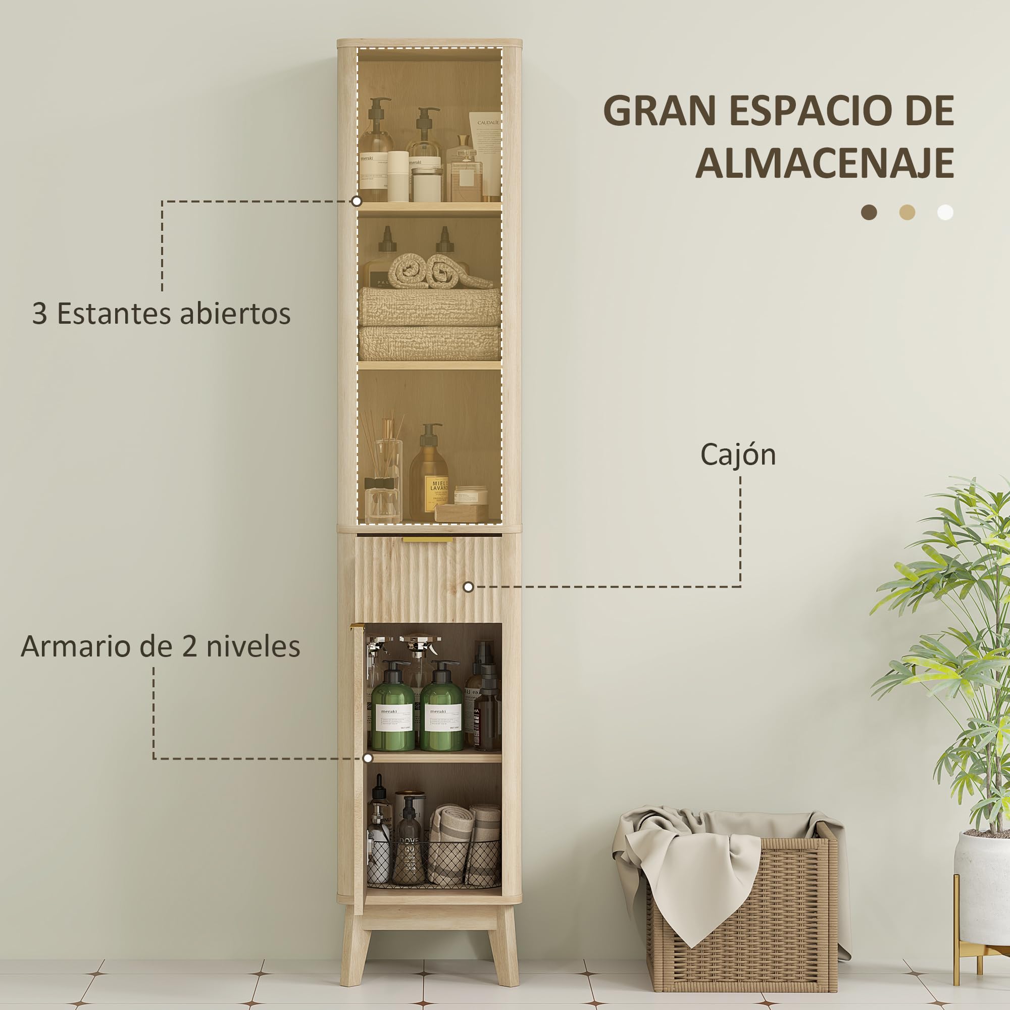 HOMCOM Mueble de Baño Estrecho Puerta de Acanalado 33x30x170 cm Natural | Columna de Baño, Cajón, 3 Compartimentos Abiertos, Estantes Ajustables