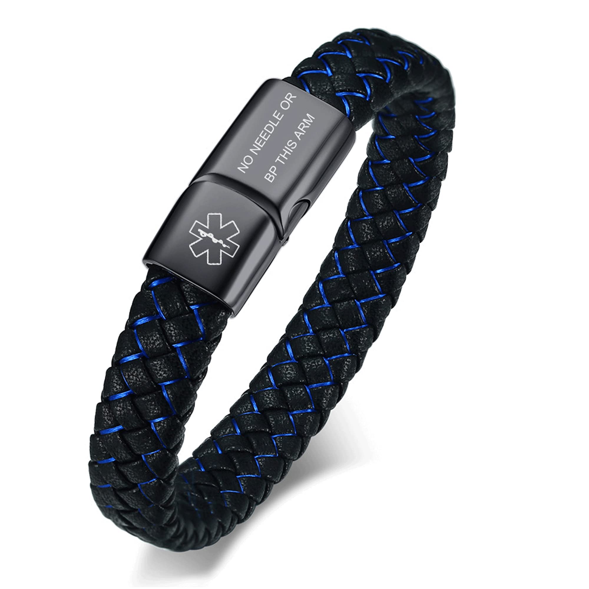 Blue Braided Leather Medical Symbol Caduceus with Magnetic Clasp Cuff Wristband Bracelet,6-8.3 Inches