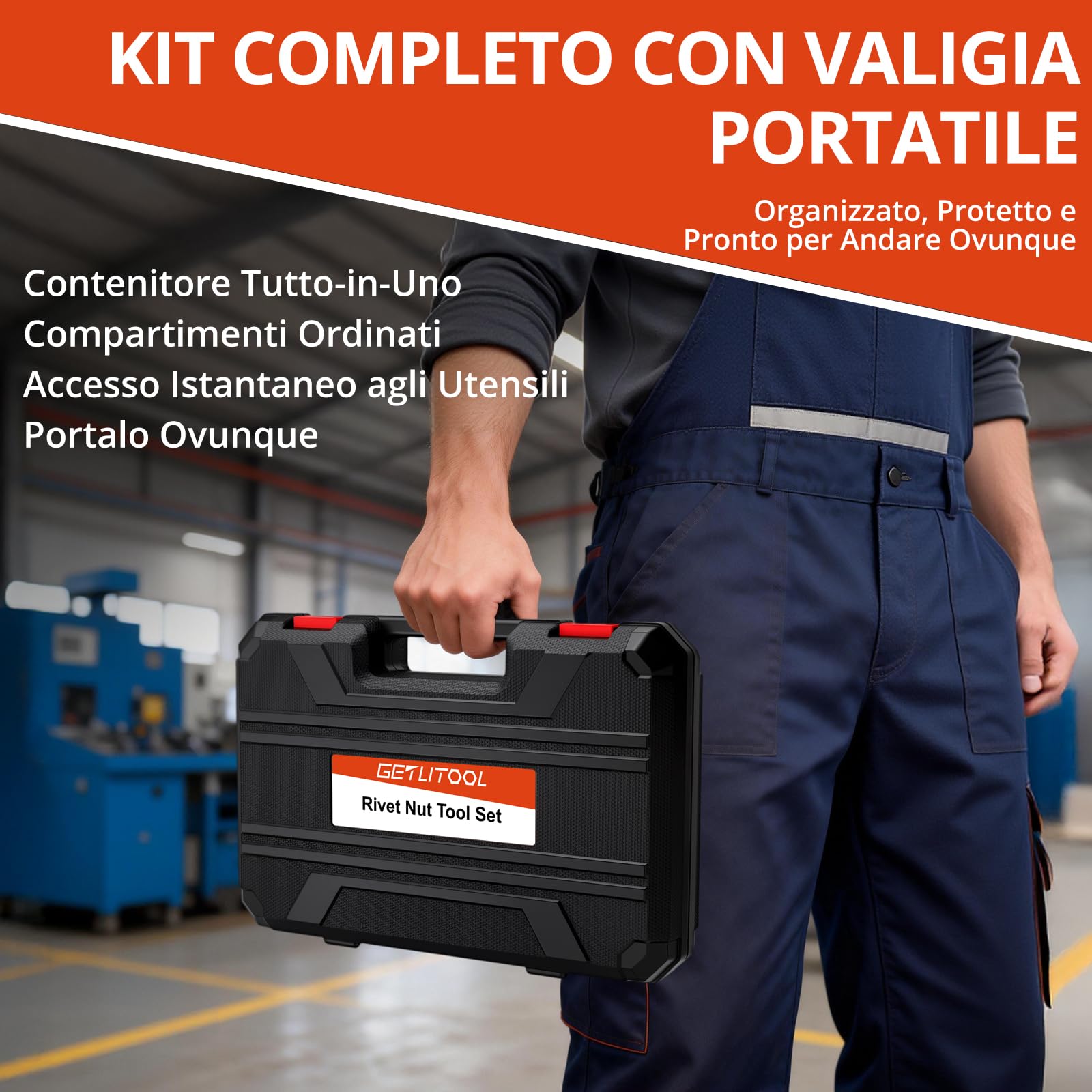 GETLITOOL Set 16-Inch Rivettatrice Professionale per Impieghi Gravosi con 7 Mandrini e 120 Dadi M3 M4 M5 M6 M8 M10 M12, Pistola Manuale a Dadi Rivetti con Valigetta per Garage Officine