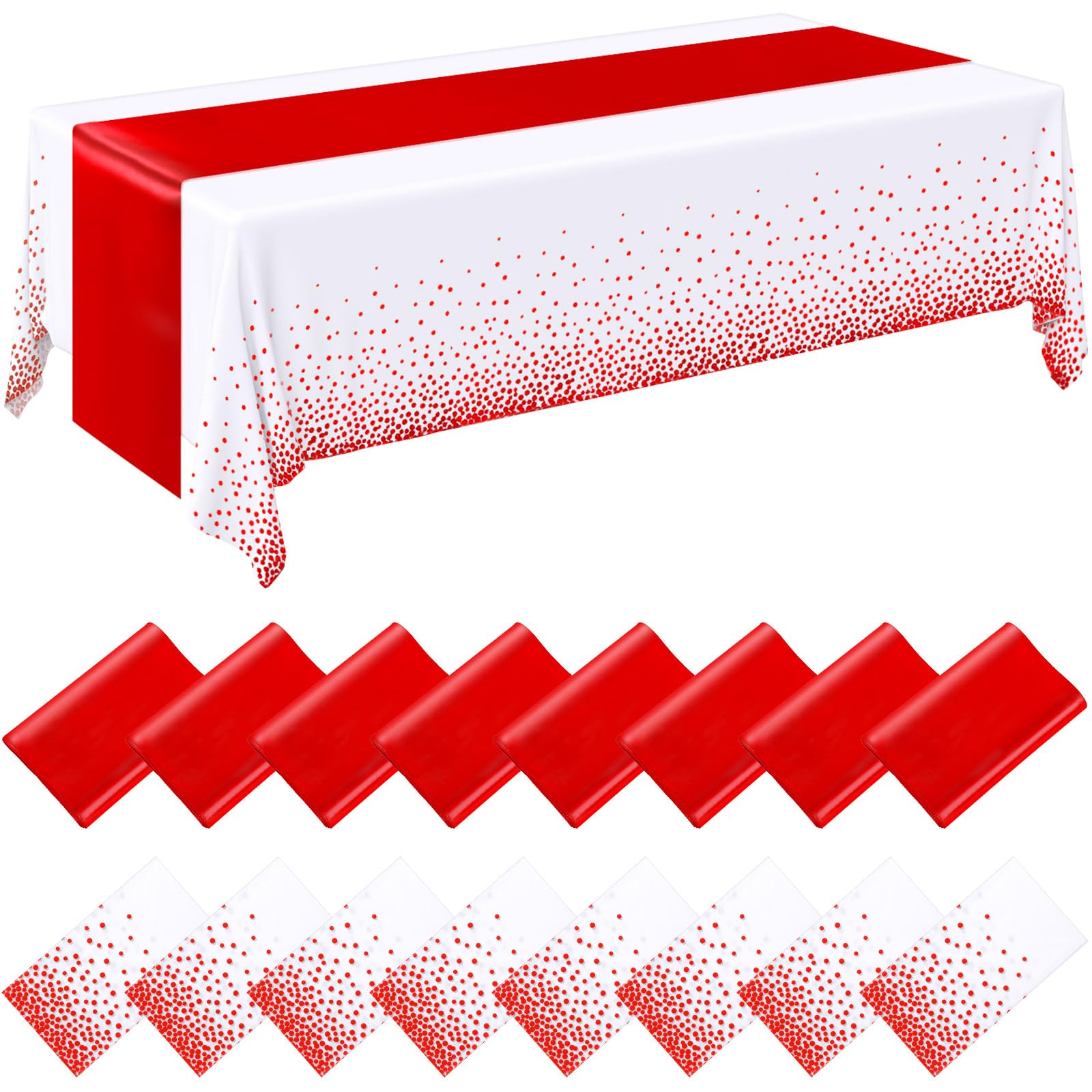Tudomro 16 Pcs White and Red Disposable Plastic Tablecloths and Satin Table Runner Set 54x108 Inch Tablecloth 12x108 Inch Table Runners for New Year
