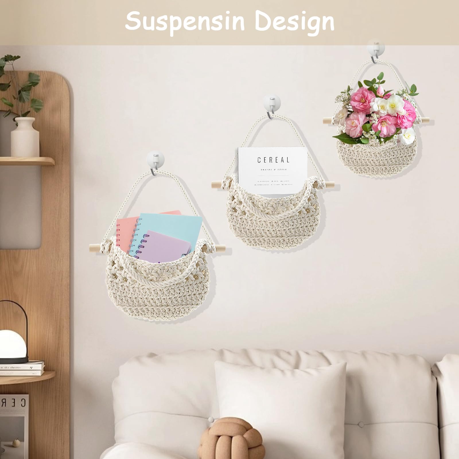 Panier De Rangement Mural 3 Niveaux En Corde Tissée - Organiseur Suspendu Blanc