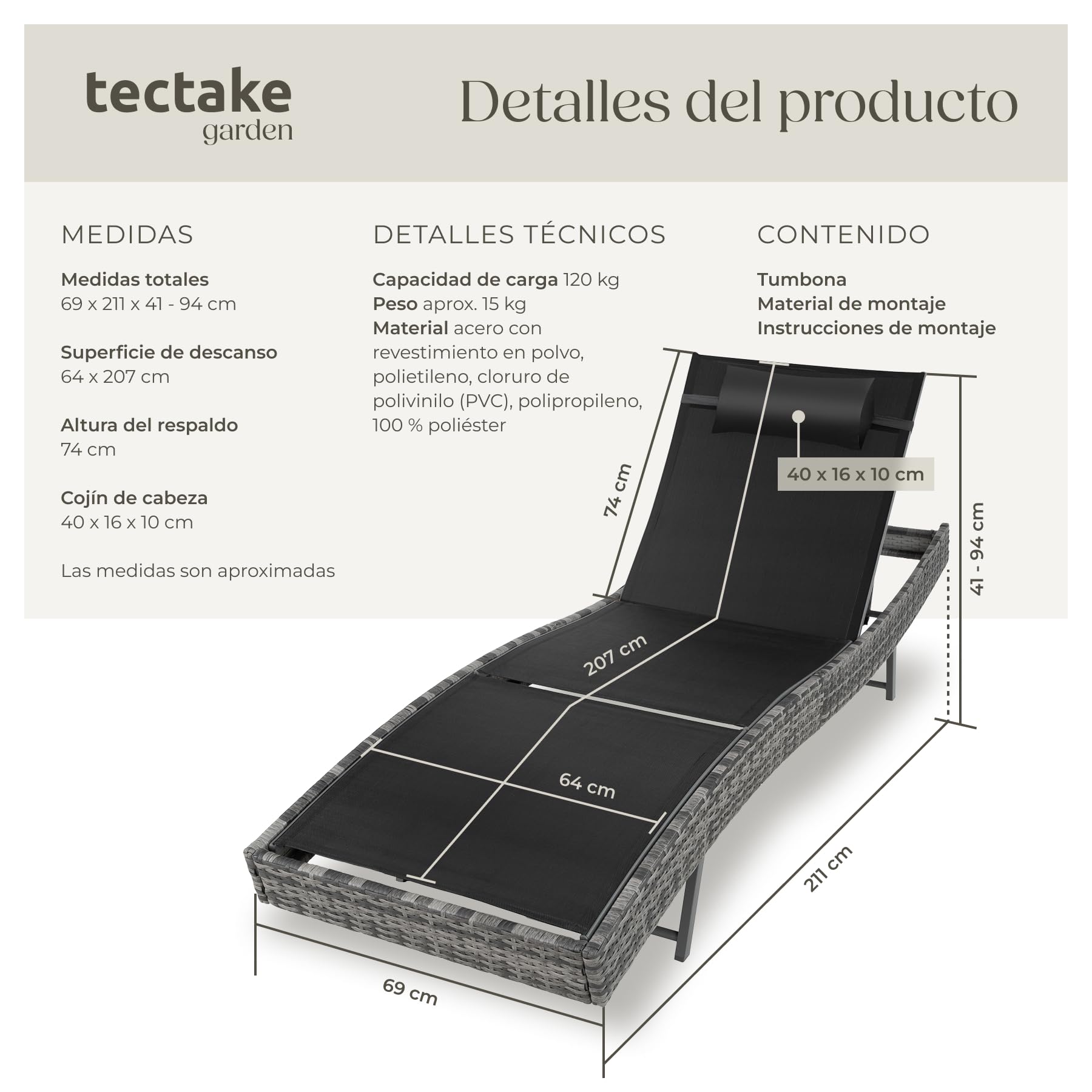 tectake® Tumbona Plegable para Jardín, Estructura de Aluminio con Techo Solar, Ajustable, Resistente a Intemperie, Bolsillo Lateral, Tumbonas Jardin Exterior, Muebles Jardin Exterior - Gris Jaspeado