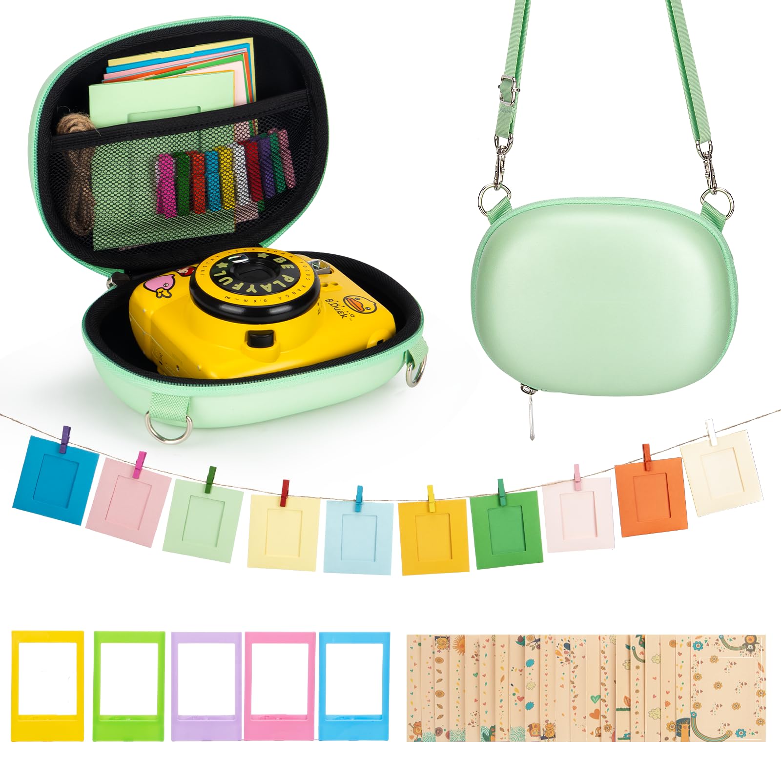 Accessories Kit for Instant Mini 12 11 9 Camera Protective Case, Portable Adjustable Shoulder Strap with Wall Hang Frames/Film Frames/Border Stickers/Corner Stickers-Mint Green