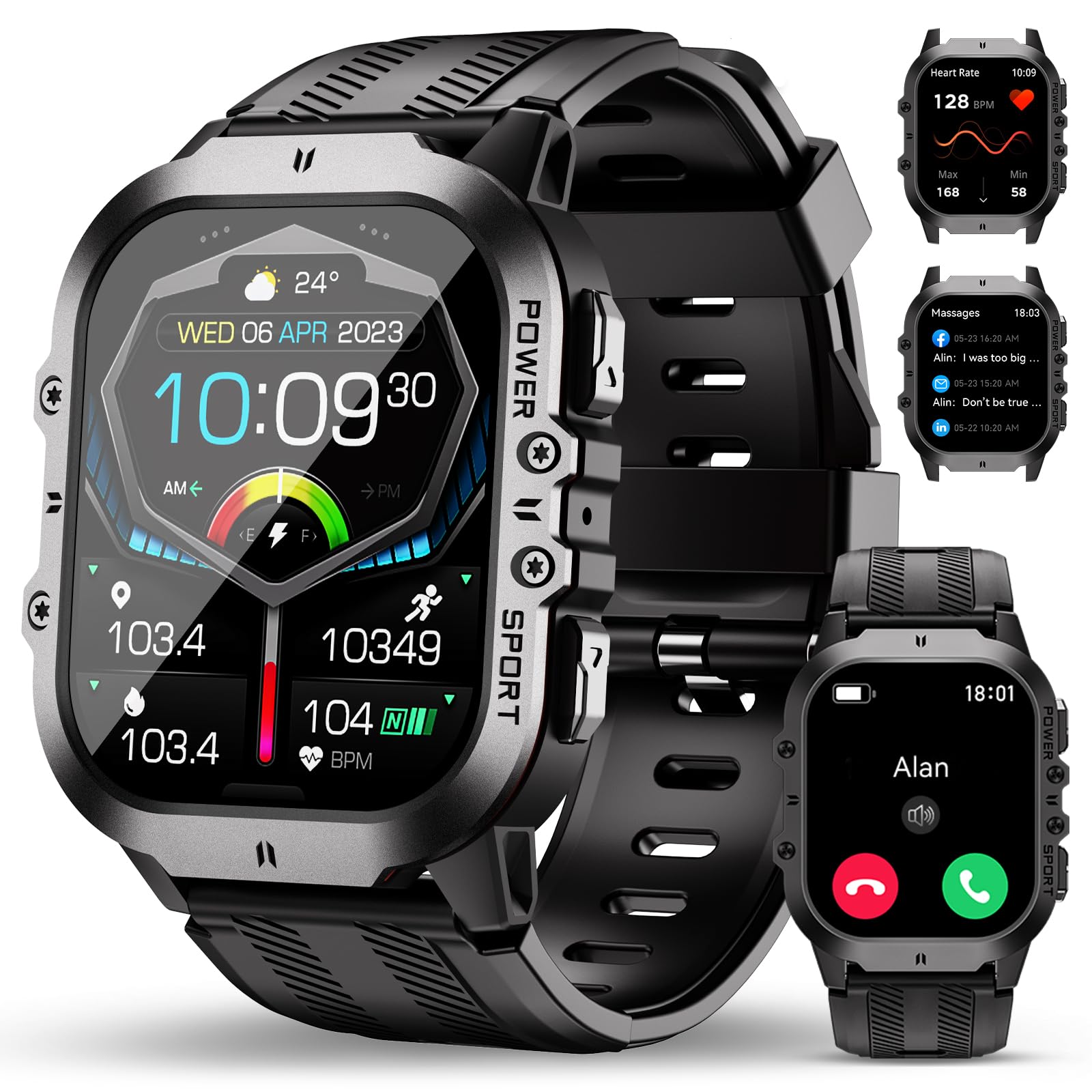 OUKITEL Orologio Smartwatch Uomo BT20 con Funzione Telefono, 5ATM Impermeabile Smartwatch Militare Rugged, 1.96" AMOLED, 120+ Modalità Sport con Cardiofrequenzimetro, Contapassi, per iOS/Android
