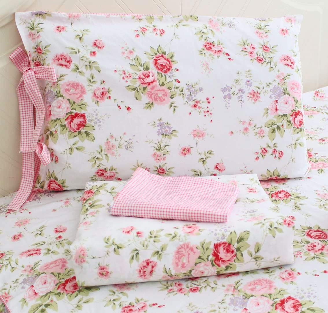 Usning Cotton Bedding Sheet, Set Extra Soft 100% Cotton Sheet Set, Rose Printed Bed Sheet Set, Floral Sheet and Pillowcase 4-Piece Full Size